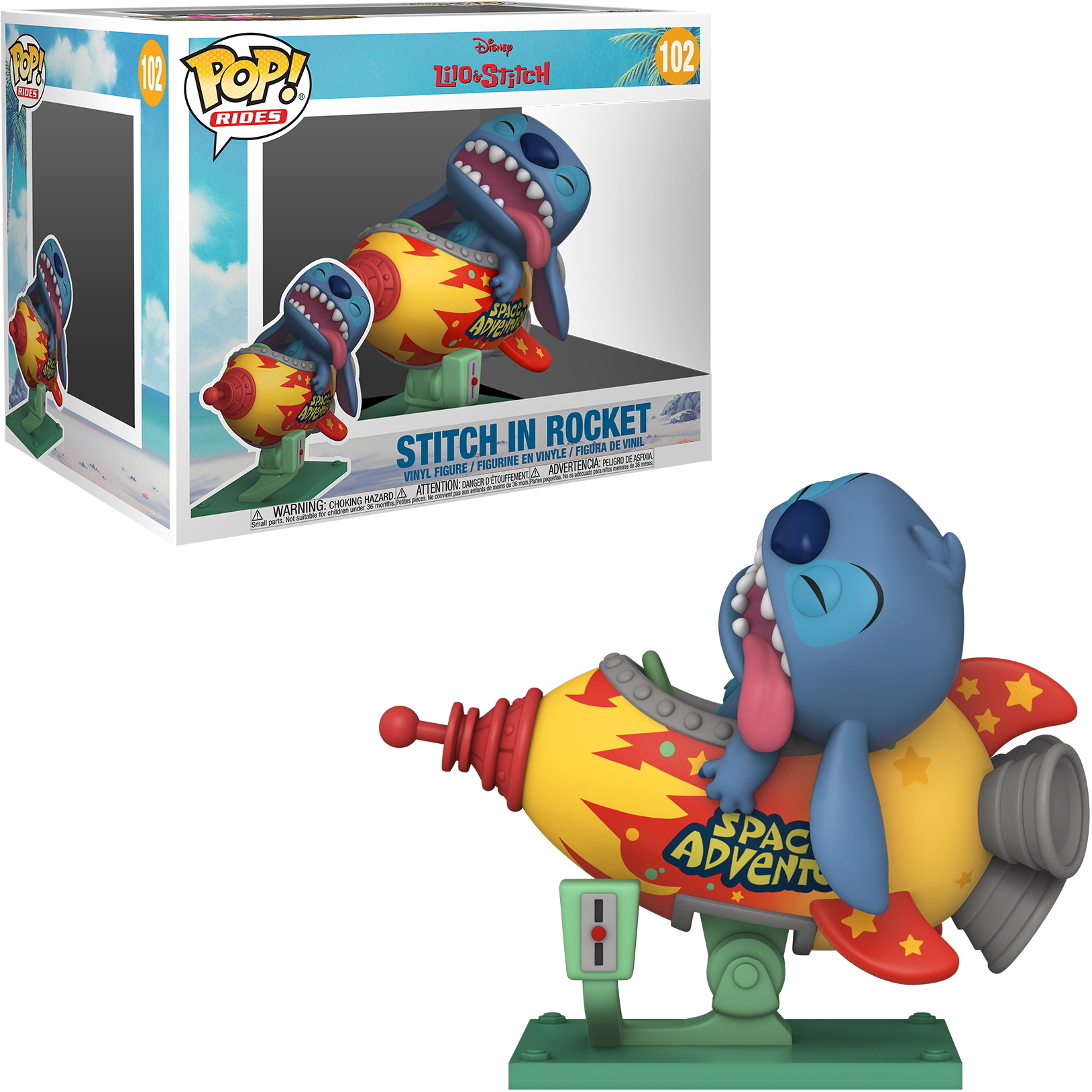 Figurka Funko Pop Stitch w rakiecie. Rakieta jest czerwona i żółta. Stitch jest niebieski.