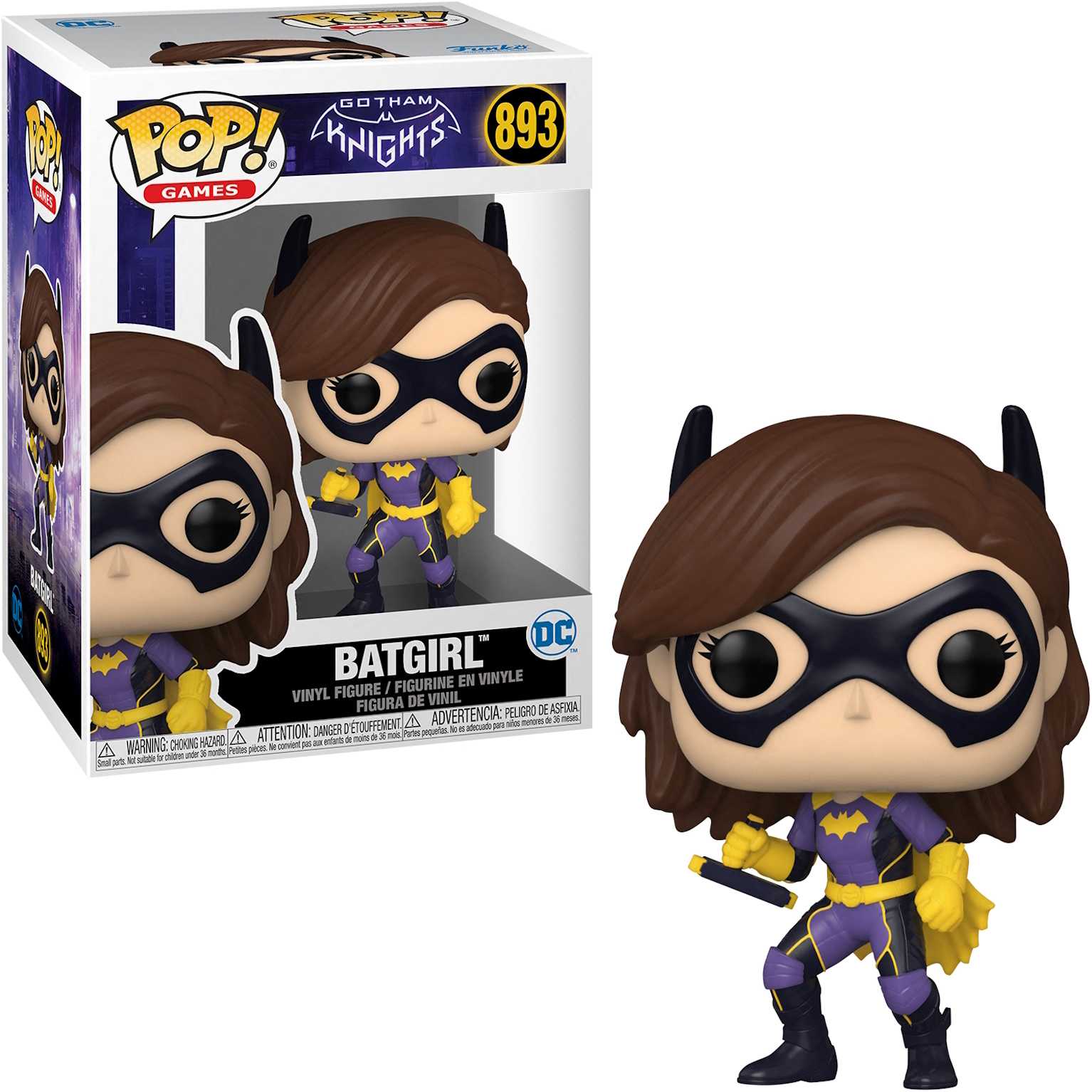 Action figure di Batgirl in una scatola. La figura indossa un costume viola e giallo e tiene un'arma.