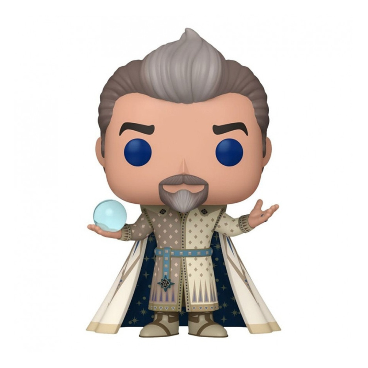 Uomo con capelli grigi che tiene un globo blu. Abito bianco e blu, mantello. Occhi blu e barba.