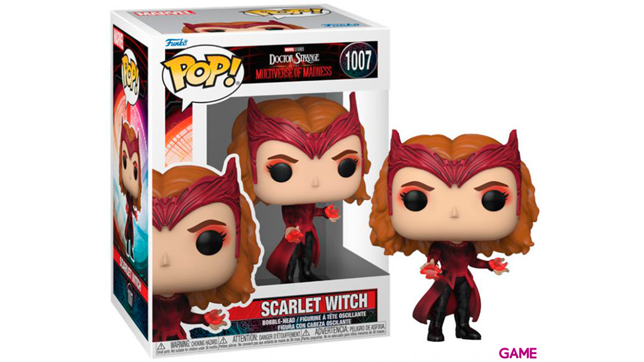 Figurka Scarlet Witch Pop! w pudełku, z czerwoną energią.