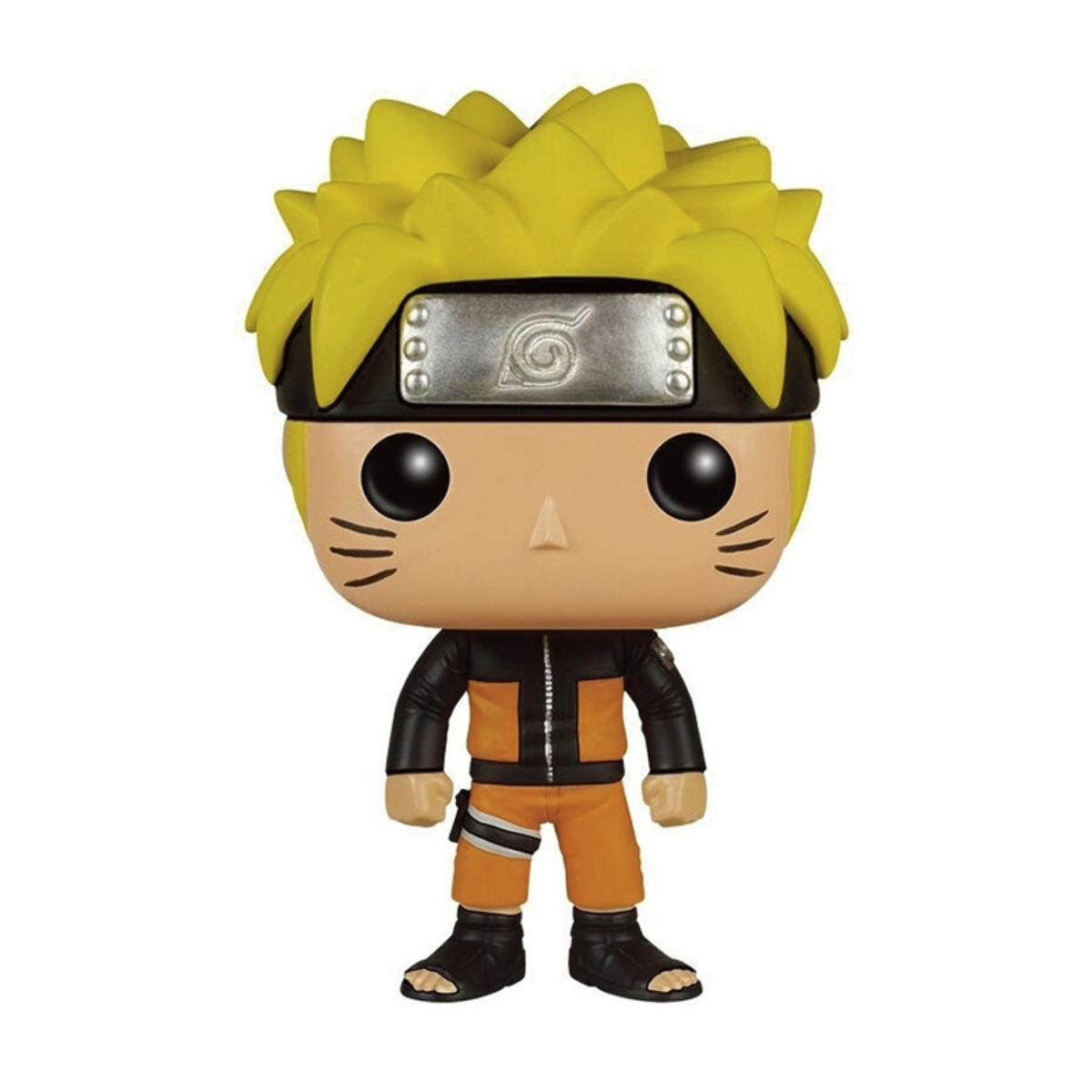Figurka Funko Pop postaci Naruto z żółtymi, kolczastymi włosami, pomarańczowo-czarnym strojem. Białe tło.