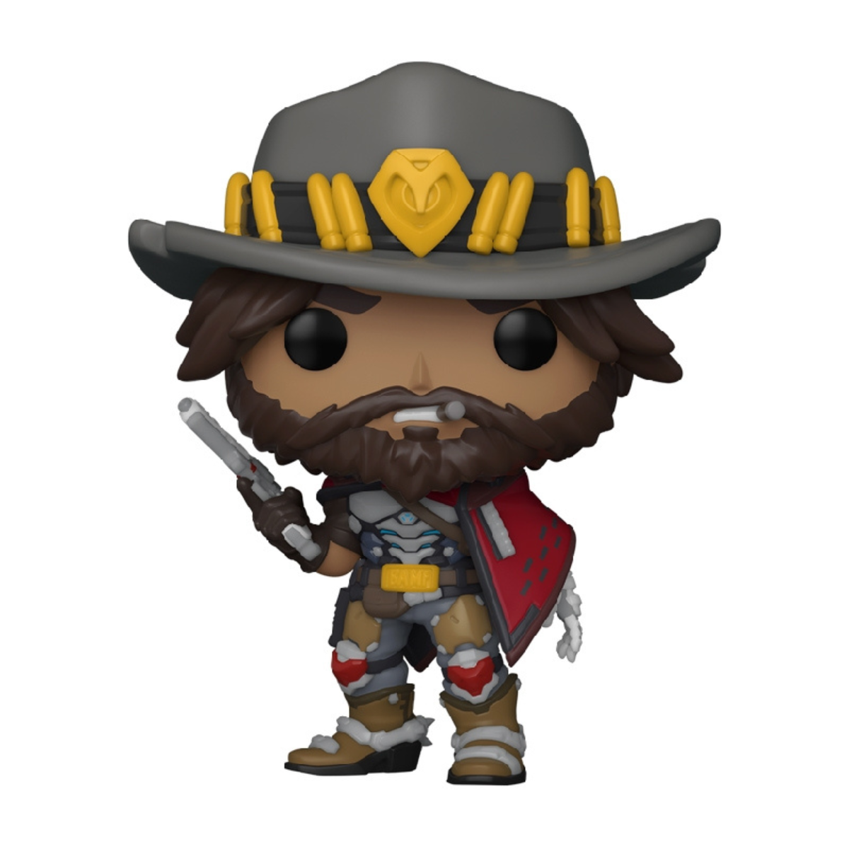 Una statuetta Funko Pop di McCree con cappello, barba, pistola e cappotto rosso. Sfondo bianco.