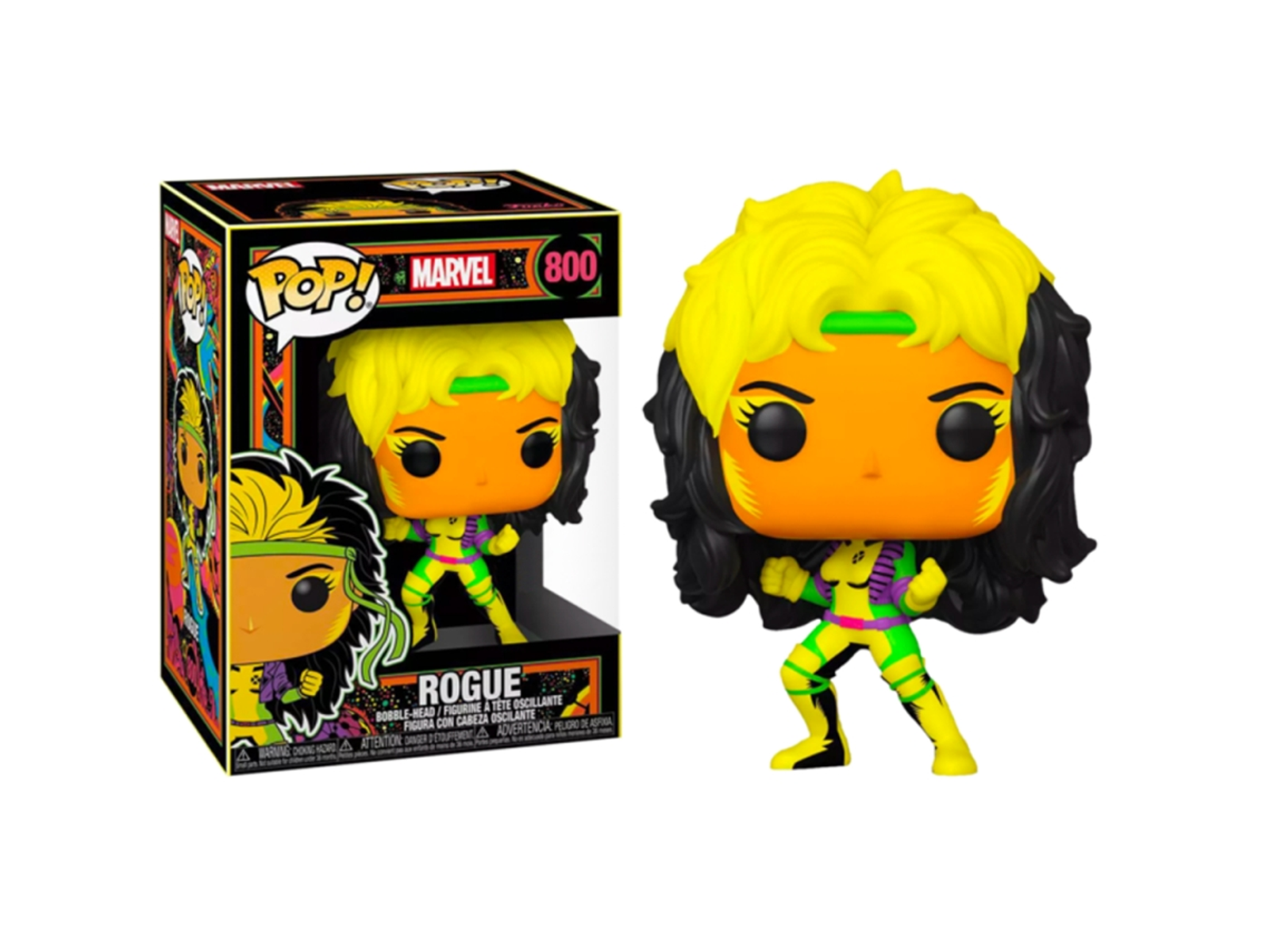 Rogue Marvel Pop! Figur in Box. Gelbe Haare, grünes Stirnband und gelbes Outfit.