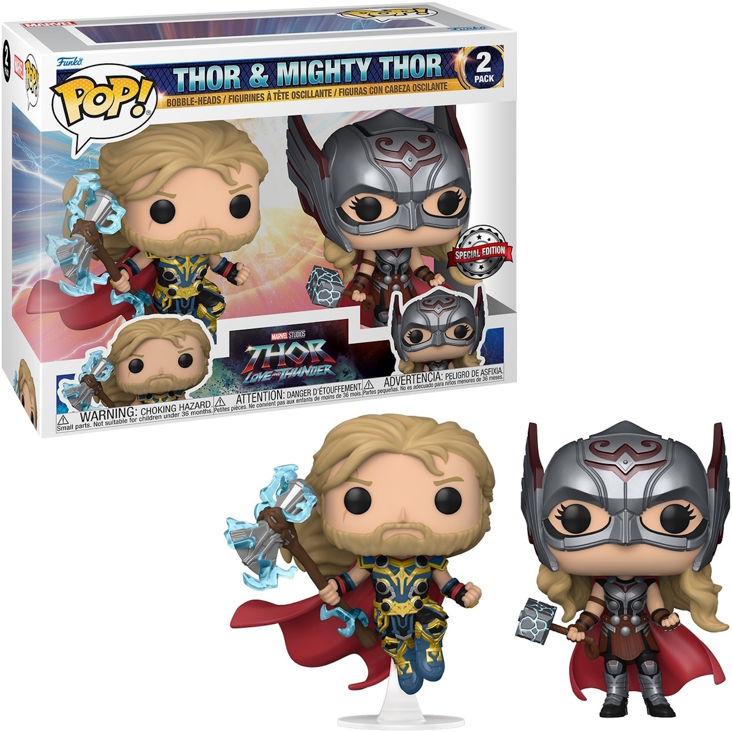 Figurine Funko POP di Thor e Mighty Thor. Sono in una scatola con il marchio.