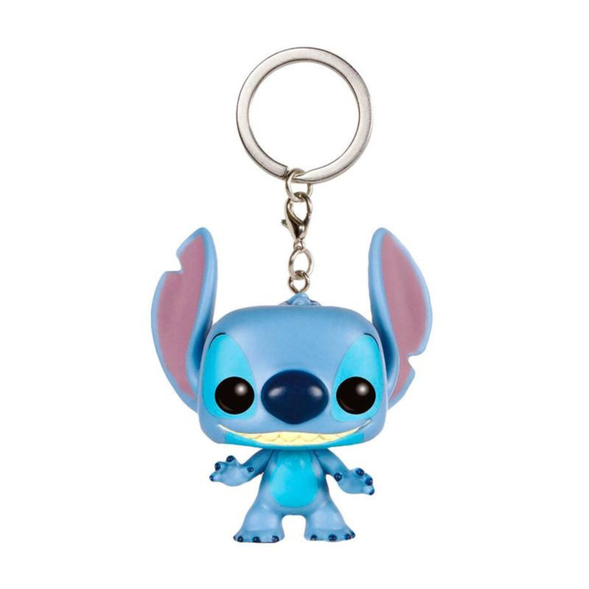 Portachiavi di Stitch. Stitch è blu con grandi orecchie. Sfondo bianco.