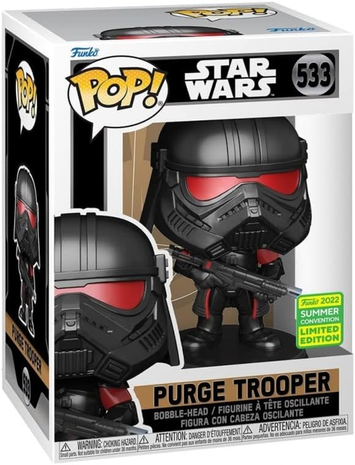 Figura Funko Pop di un Purge Trooper di Star Wars, con una scatola. La figura è in armatura nera.