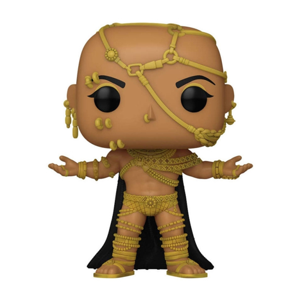 Funko Pop di un faraone egiziano. Dettagli dorati su pelle scura, mantello nero.