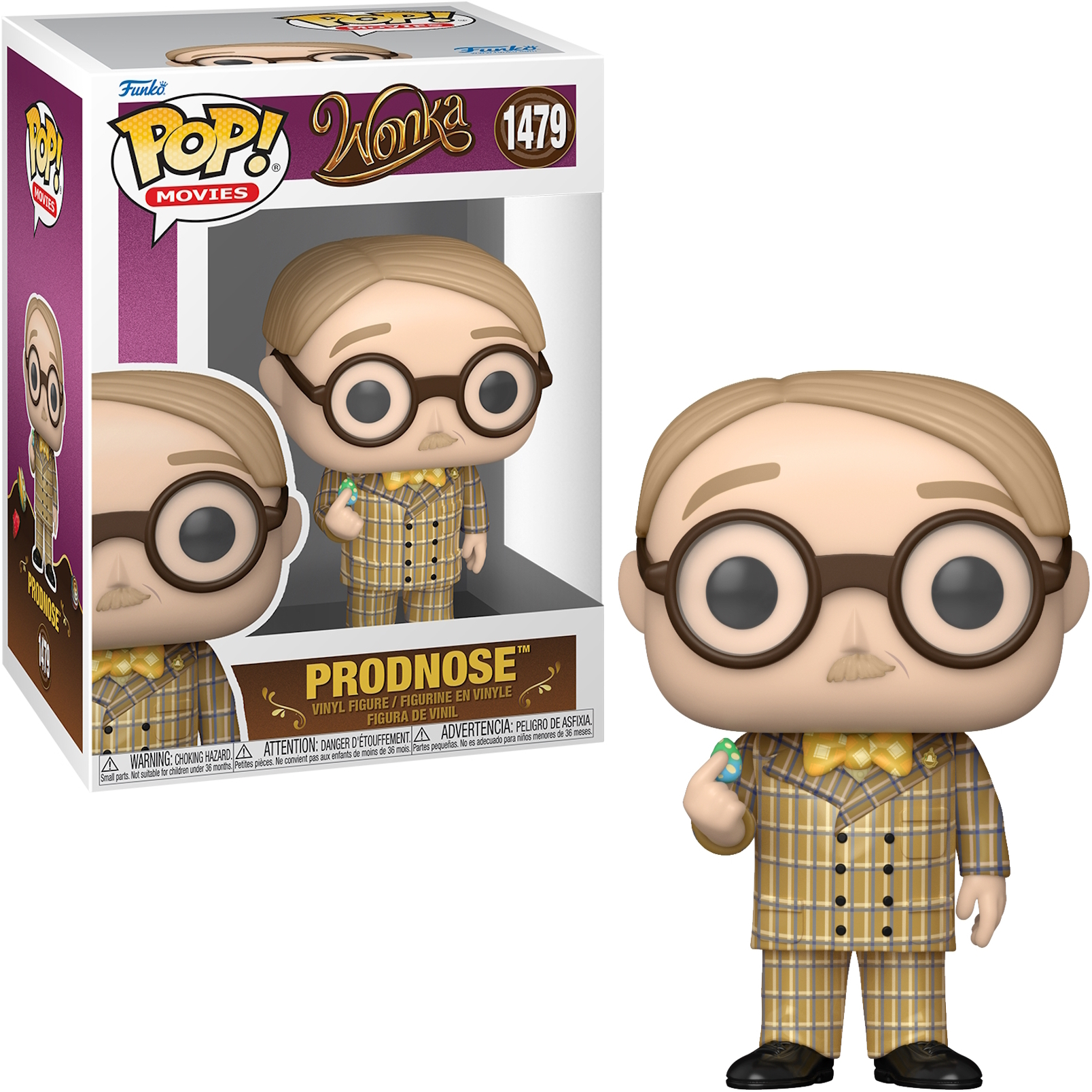 Figurka Funko Pop przedstawiająca mężczyznę w żółtym garniturze w kratę, trzymającego mały przedmiot. Okrągłe okulary, wąsy. Białe tło.