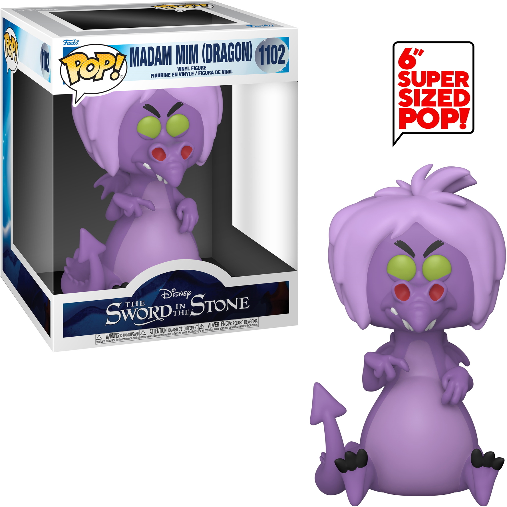 Madam Mim Funko Pop! figura in scatola. Drago viola con occhi verdi. Figura anche fuori scatola.
