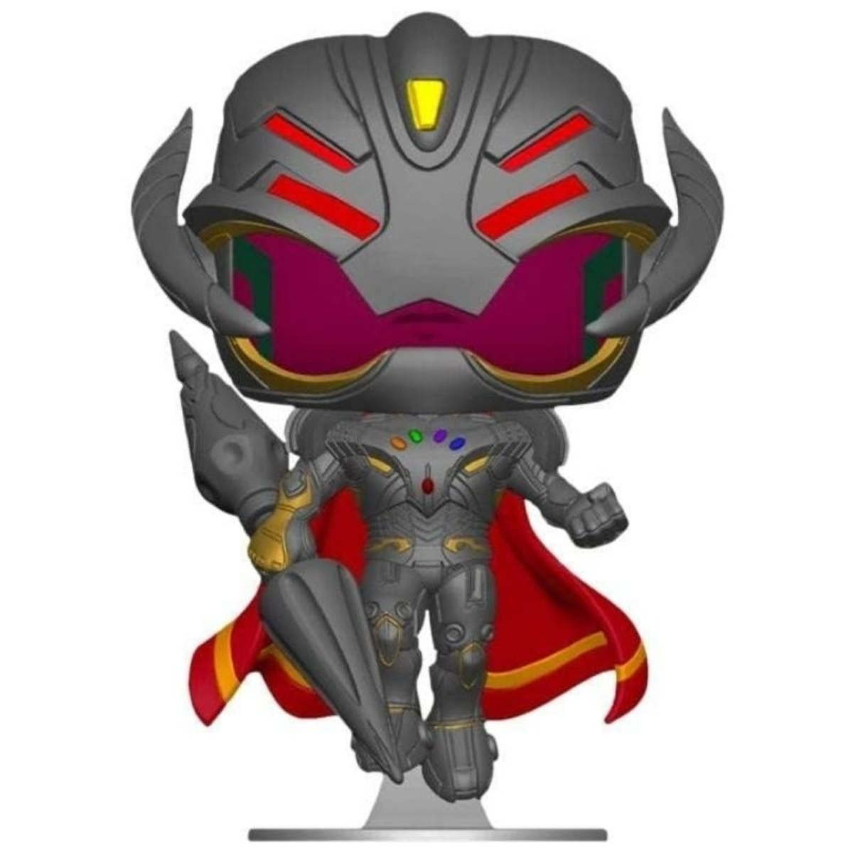 Figura Ultron Funko Pop!, grigio e rosso, con mantello e arma.