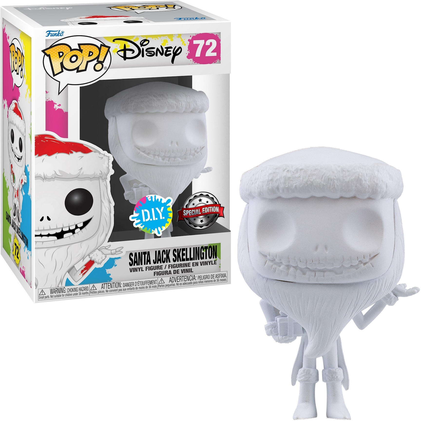 Figura DIY Funko Pop di Santa Jack Skellington. Figura bianca con cappello rosso di Babbo Natale. Scatola a sinistra.