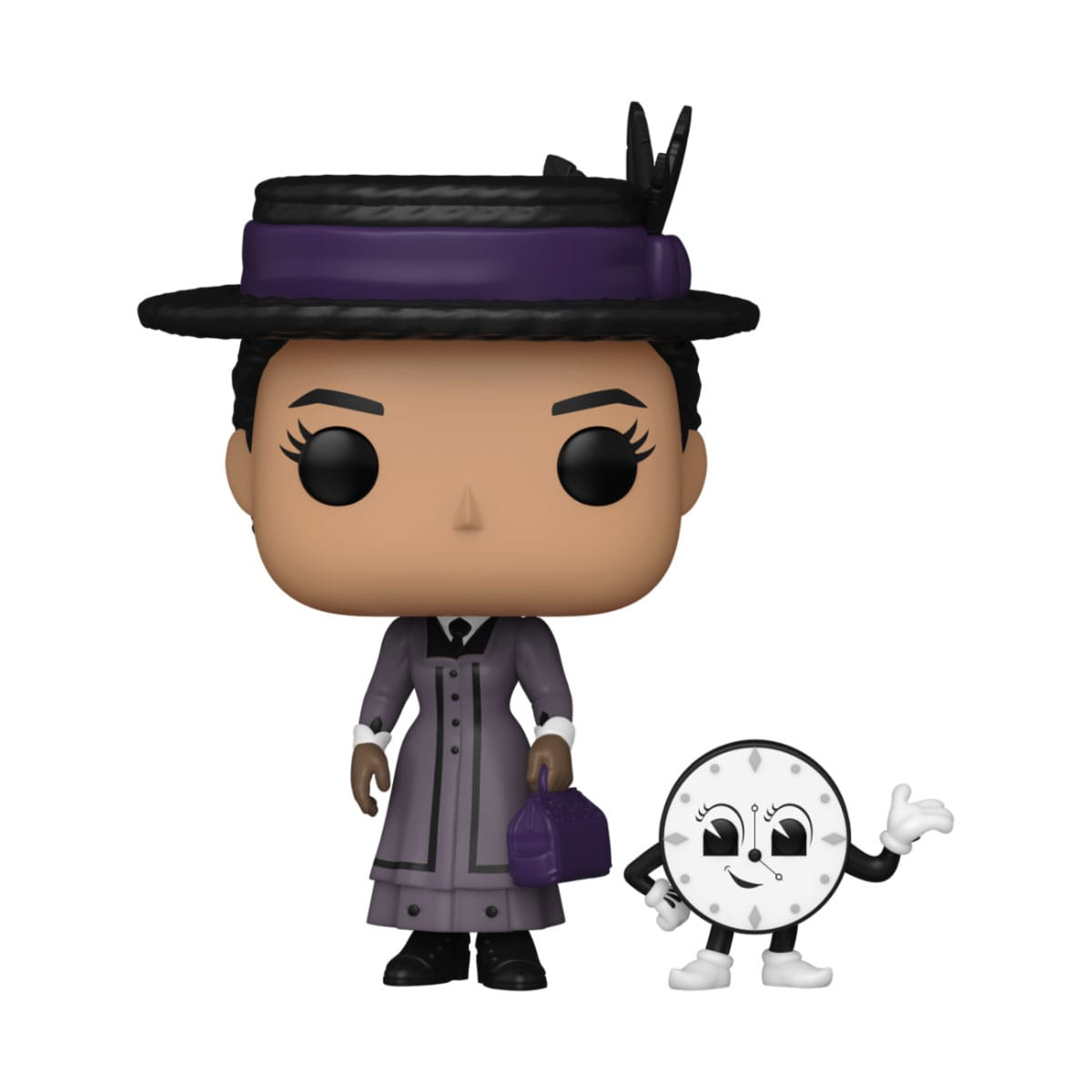 Un Funko Pop di una donna con un vestito viola e un cappello. Un personaggio orologio è accanto a lei.