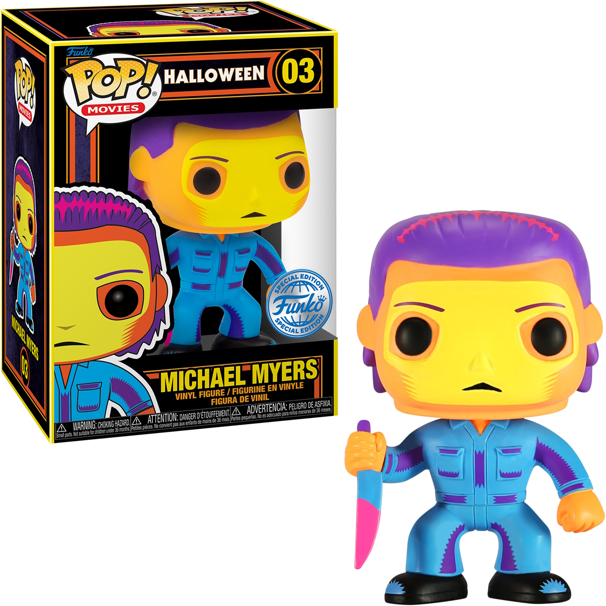 Figura Funko Pop di Michael Myers in una scatola. La figura tiene un coltello. Tema Halloween.