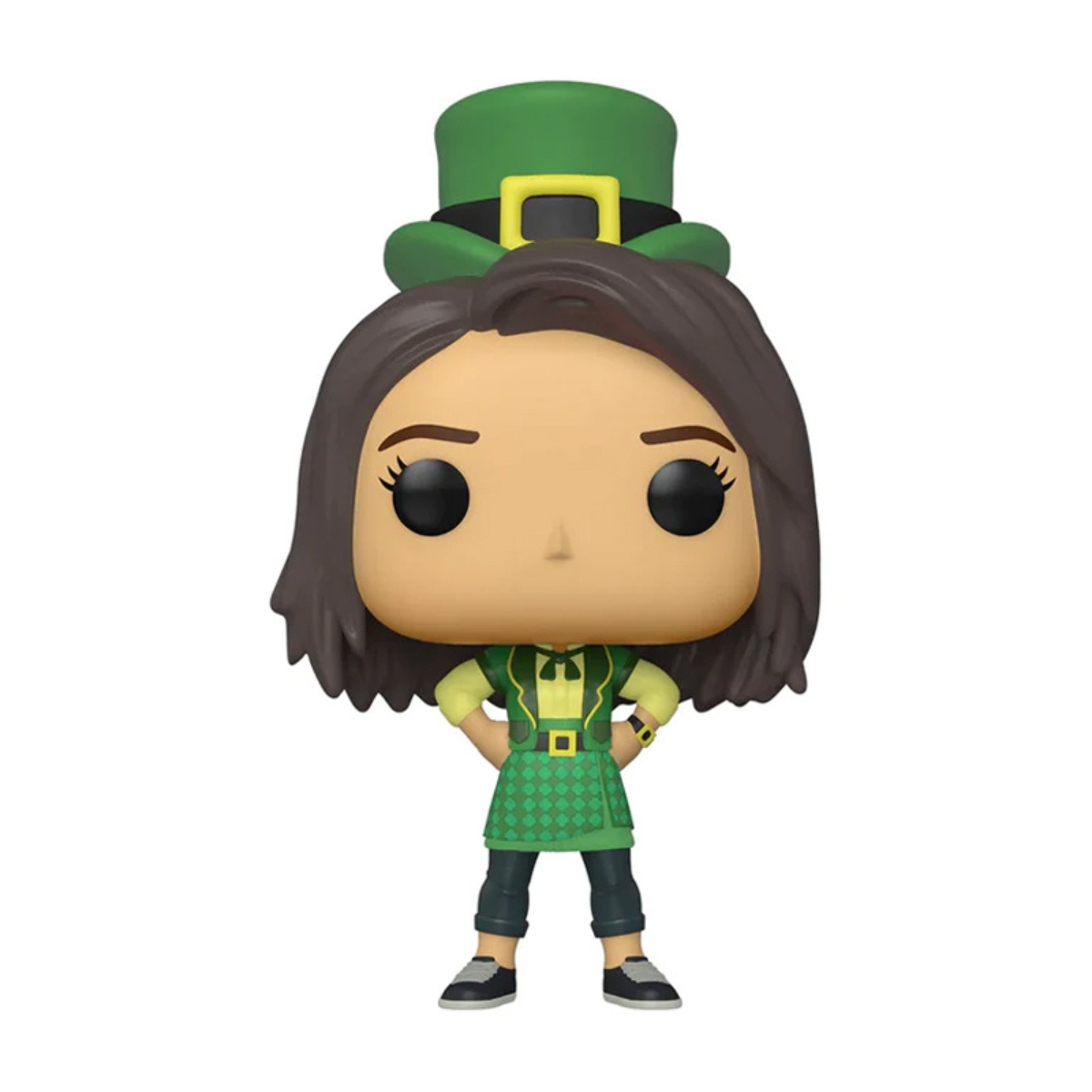 Figura Funko Pop di una donna in abito e cappello verdi, sfondo bianco.