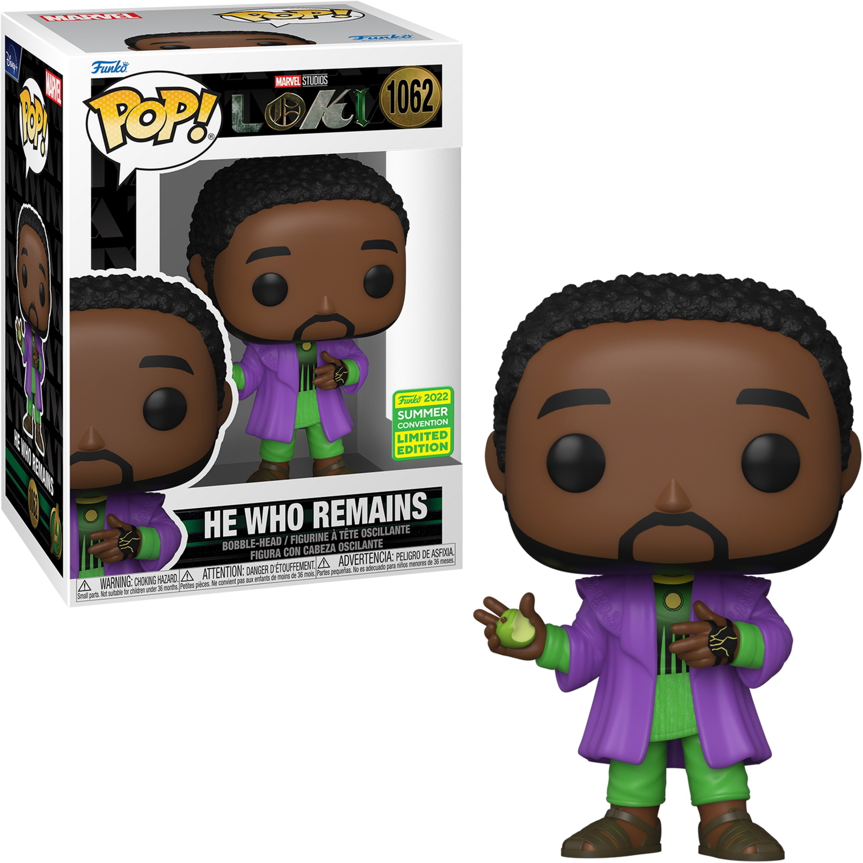 Figura He Who Remains Funko Pop!, in scatola, con oggetto verde.