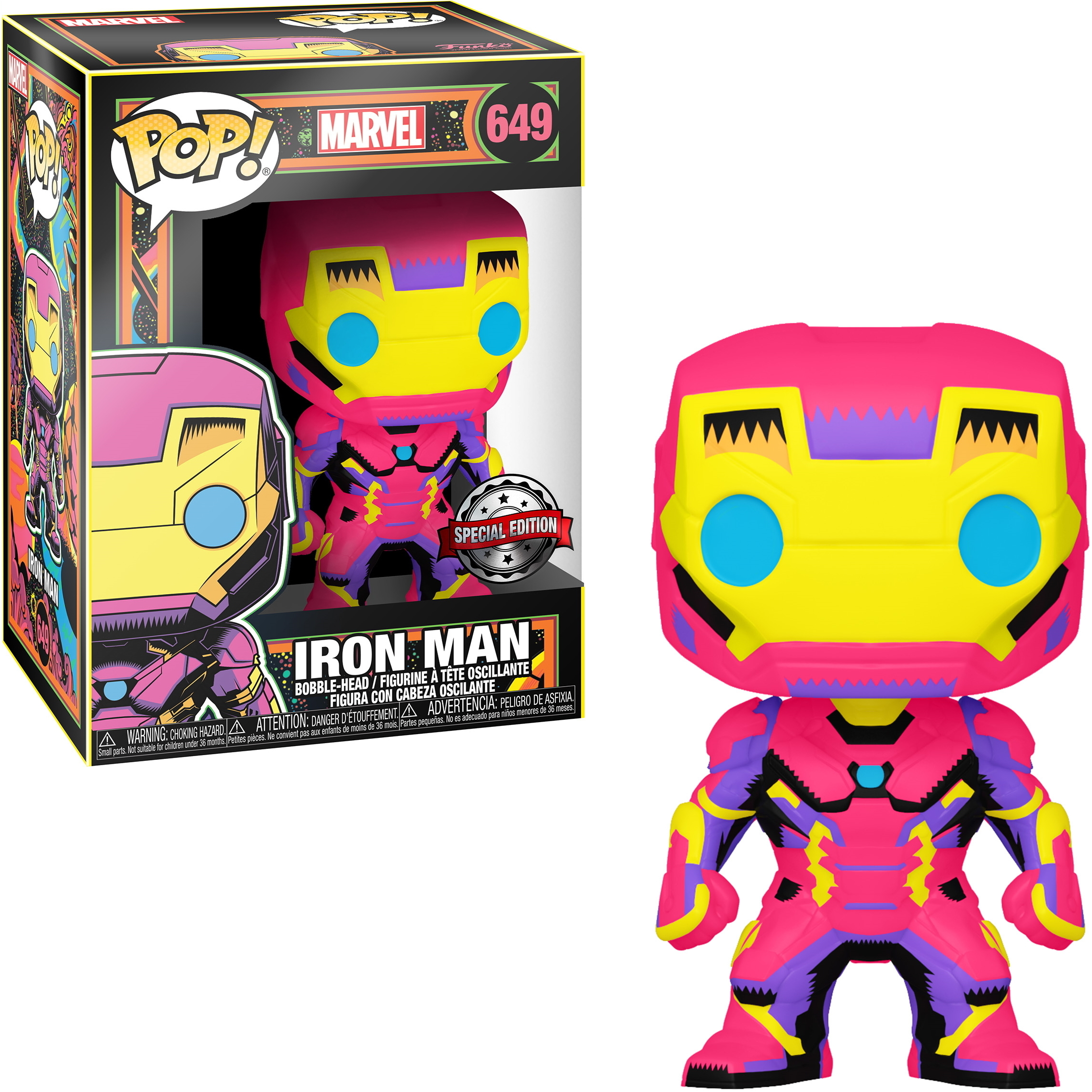 Figurka Iron Man Funko Pop w jaskrawym różu, żółtym i fioletowym. Figurka jest w pudełku z wizerunkiem Iron Mana.
