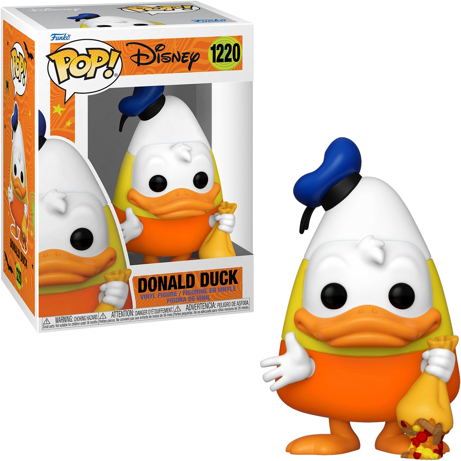 Una figura Funko Pop di Paperino in costume da caramella, in una scatola.