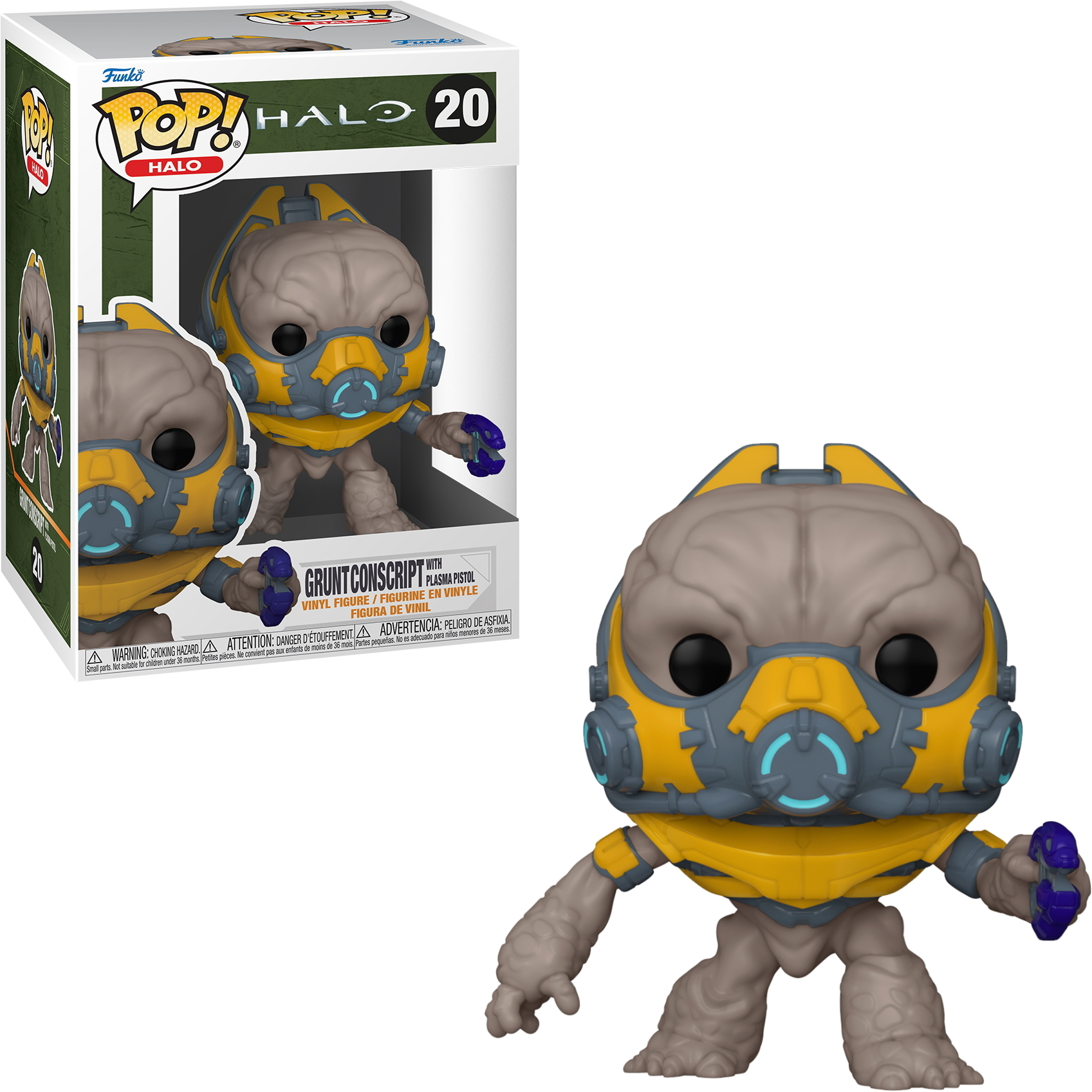 Una figura di Halo Grunt Conscript con armatura gialla e grigia. Ha una testa bulbosa e tiene una piccola pistola viola.