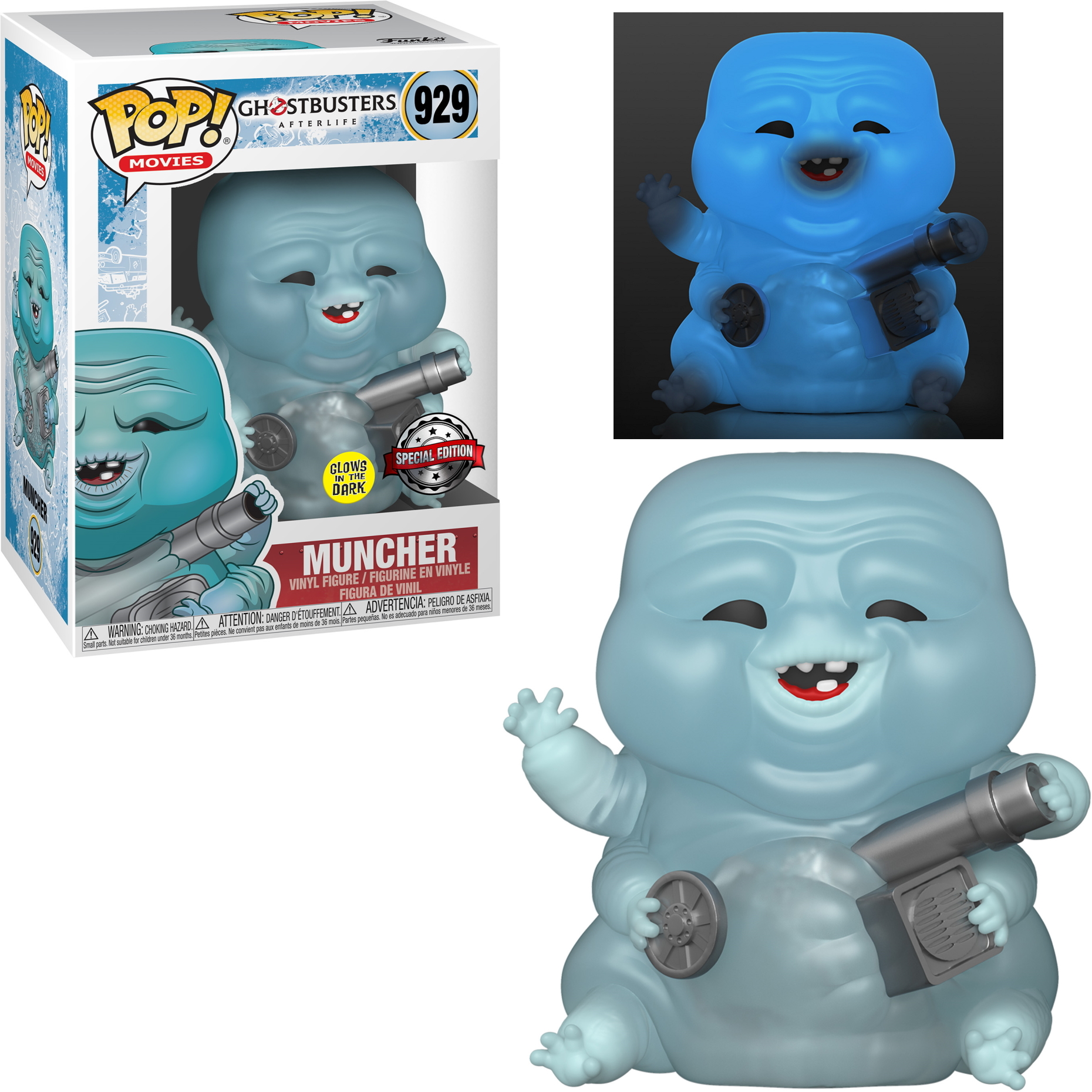 Figura di Muncher, blu, che tiene un'arma, con una scatola a sinistra. Funzione glow-in-the-dark.