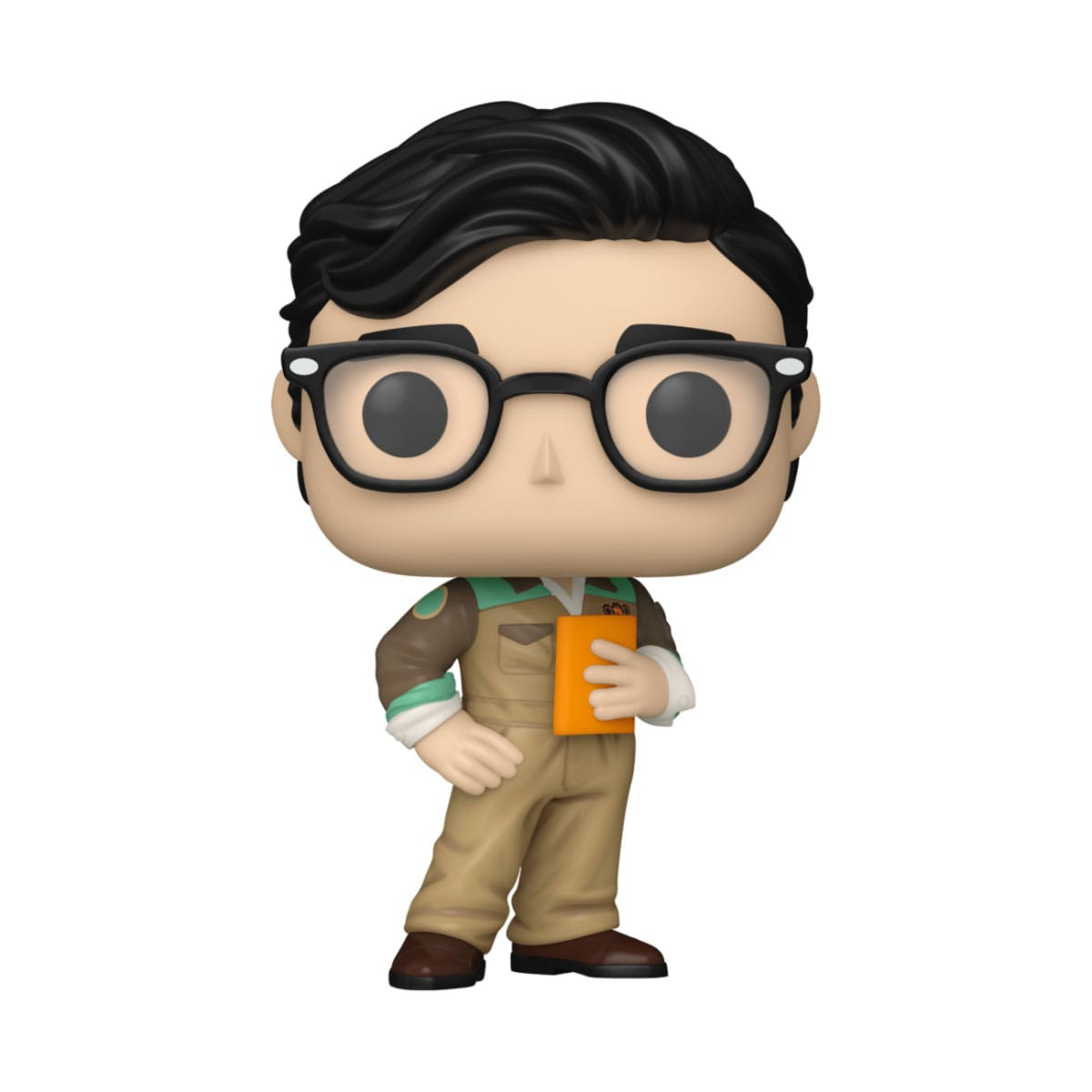 Un uomo con gli occhiali e una tuta marrone, figura Funko Pop. Tiene un libro arancione.