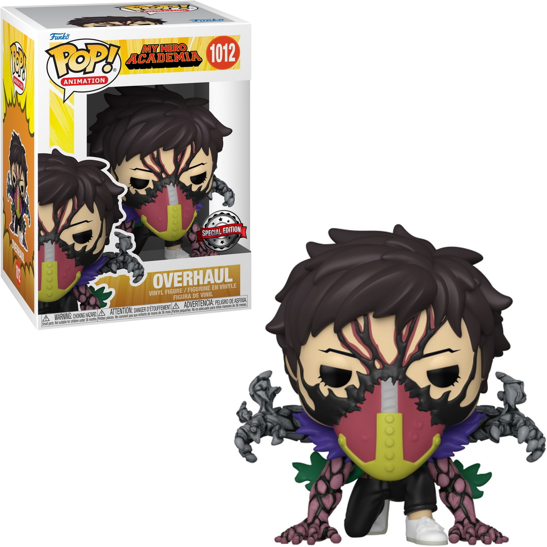 Figura di Overhaul da My Hero Academia. Ha una maschera rossa e capelli neri. È in una scatola.