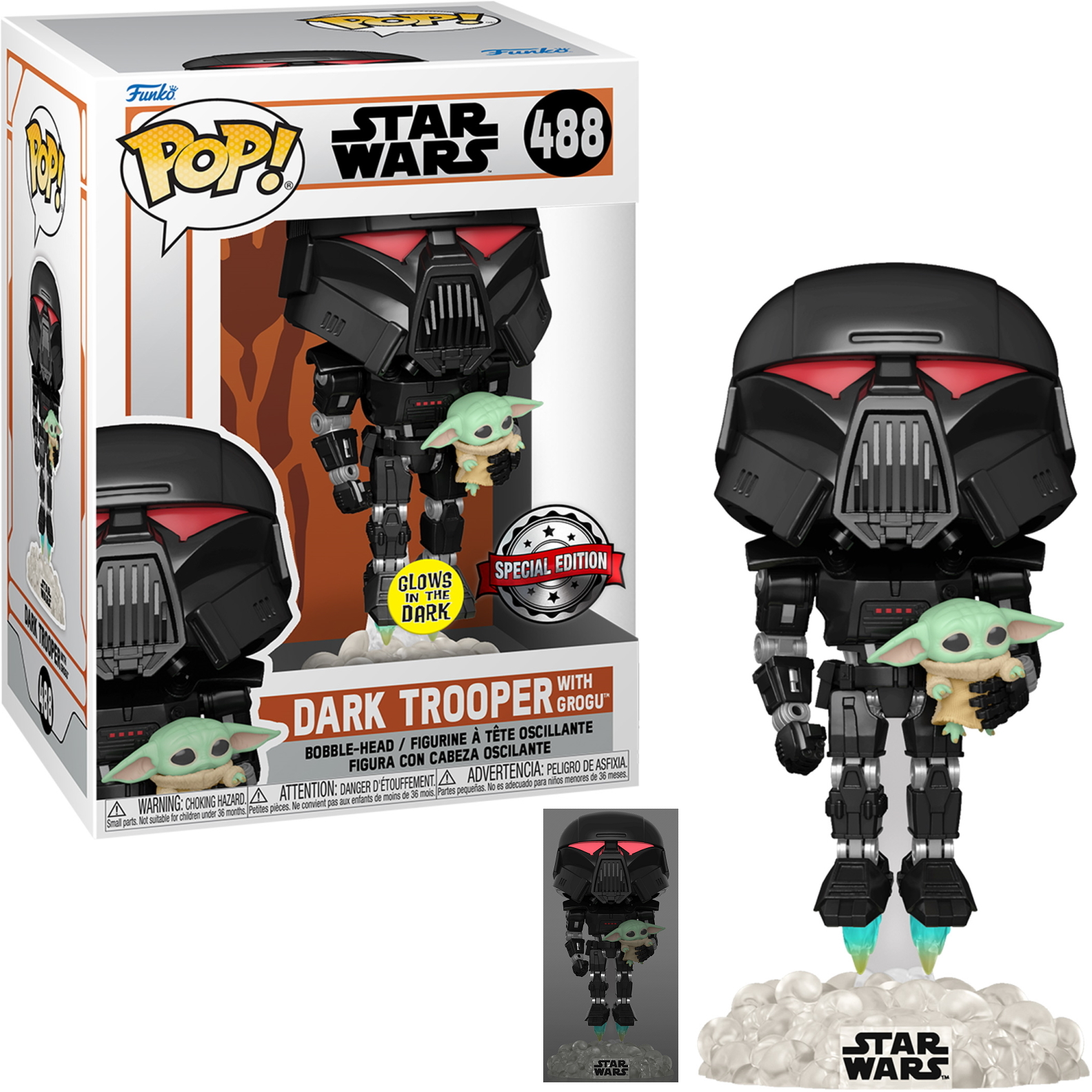 Figurka Dark Troopera z Grogu. Figurka stoi na podstawie, z pudełkiem pokazującym figurkę.