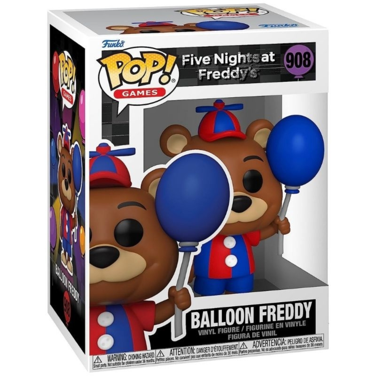 Balloon Freddy Funko Pop z pudełkiem. Dwie figurki niedźwiedzi, jedna trzyma niebieski balon. Czerwony i niebieski strój.