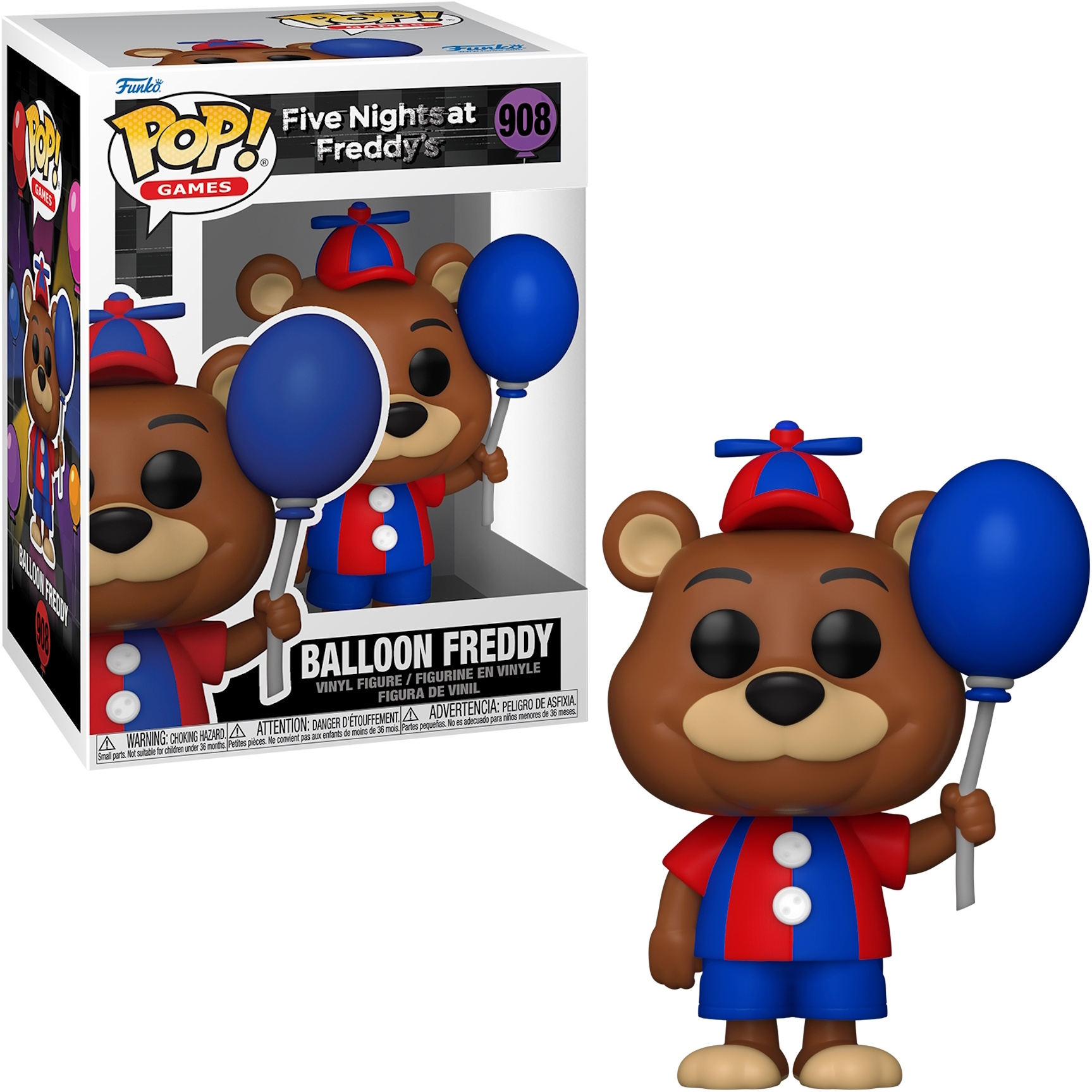 Figurka Funko Pop Balloon Freddy z niebieskim balonem i czerwoną górą.