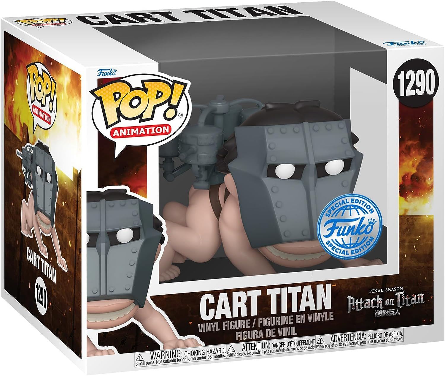 Personaggio Cart Titan Pop! Vinyl di Attack on Titan, in scatola. Figura colorata, in armatura grigia.