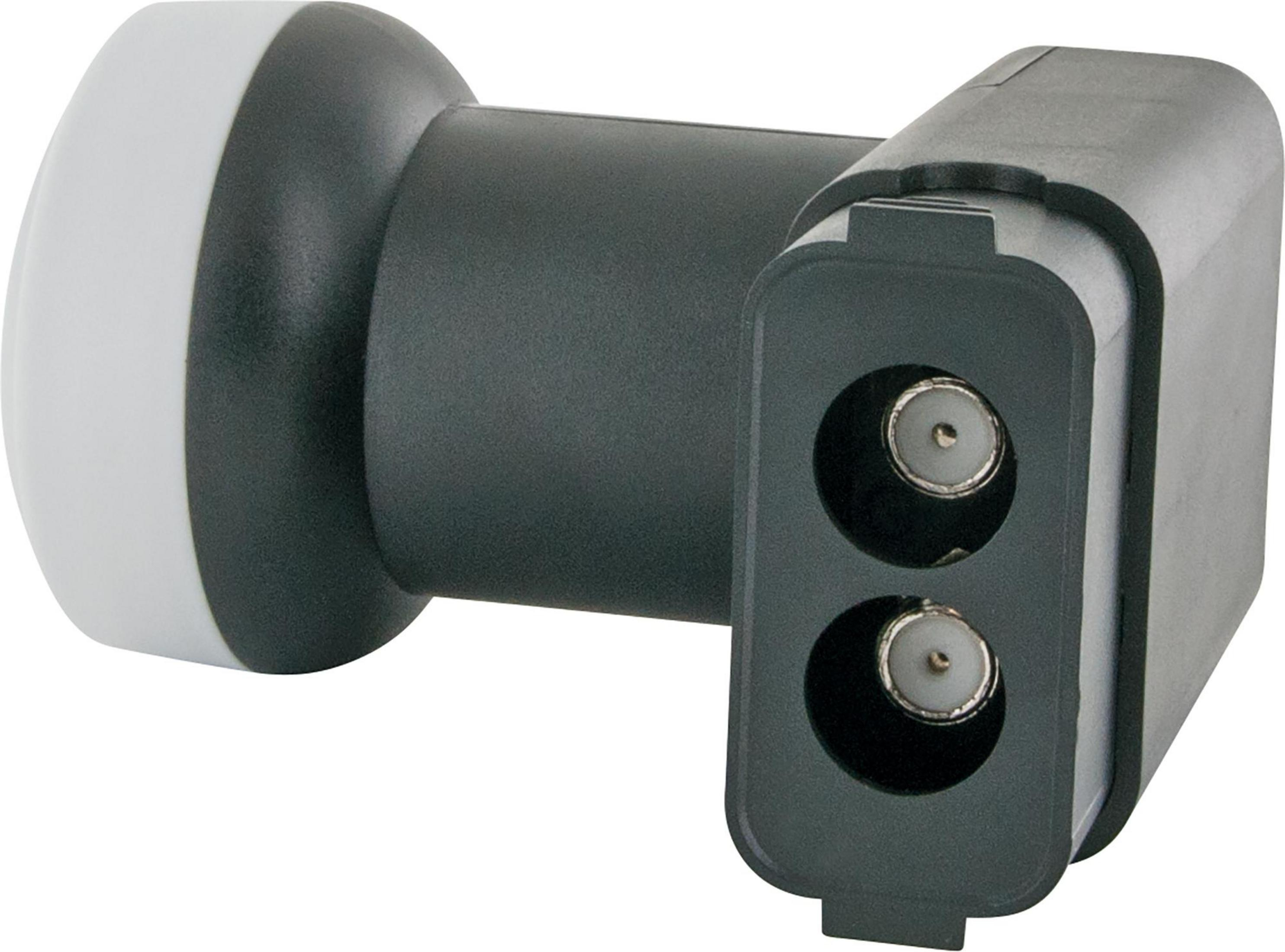 Konwerter LNB satelitarny, czarno-biały, z podwójnymi złączami, na białym tle.