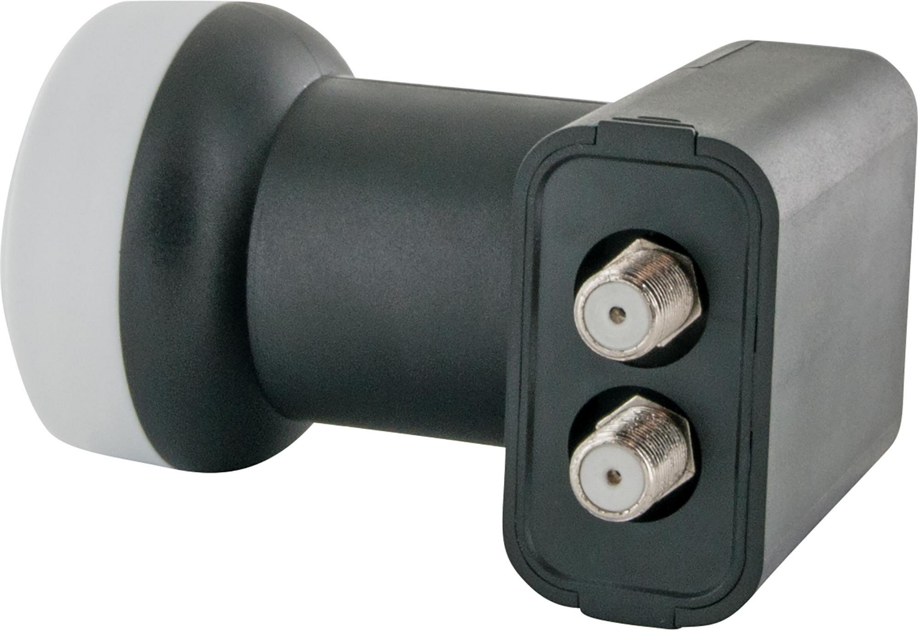 Czarny odbiornik satelitarny ma dwa porty połączeniowe i białą, zaokrągloną końcówkę.