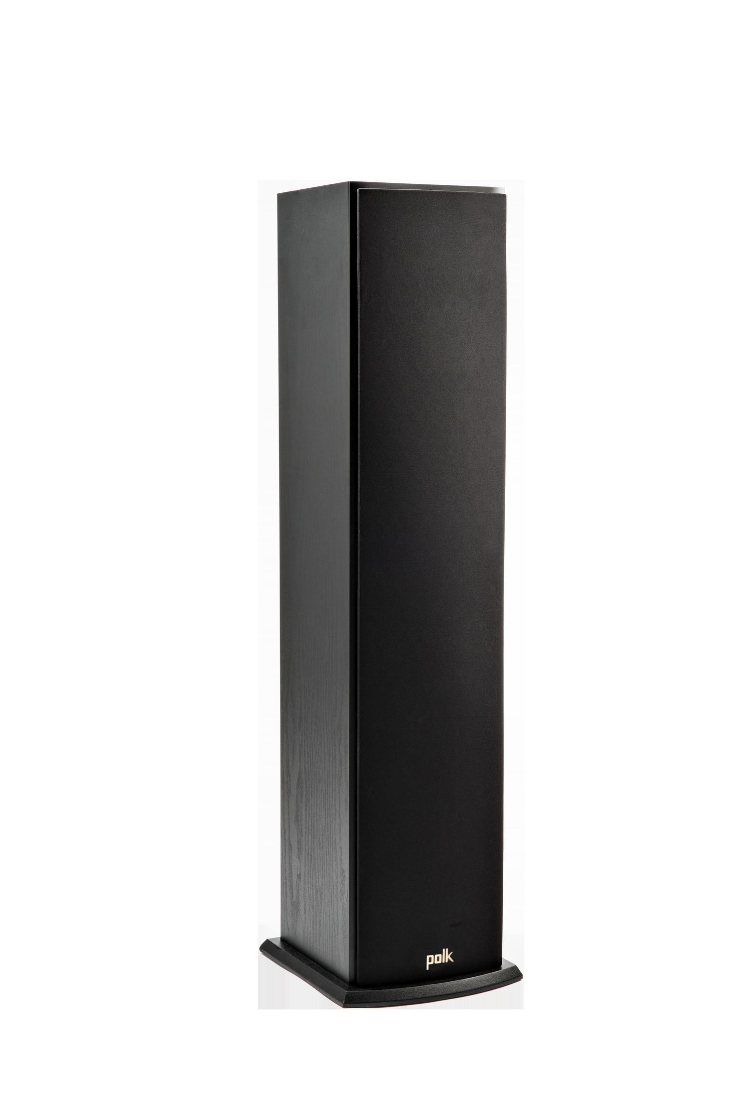Altavoz Polk negro alto sobre fondo blanco. El altavoz es rectangular y se mantiene erguido.
