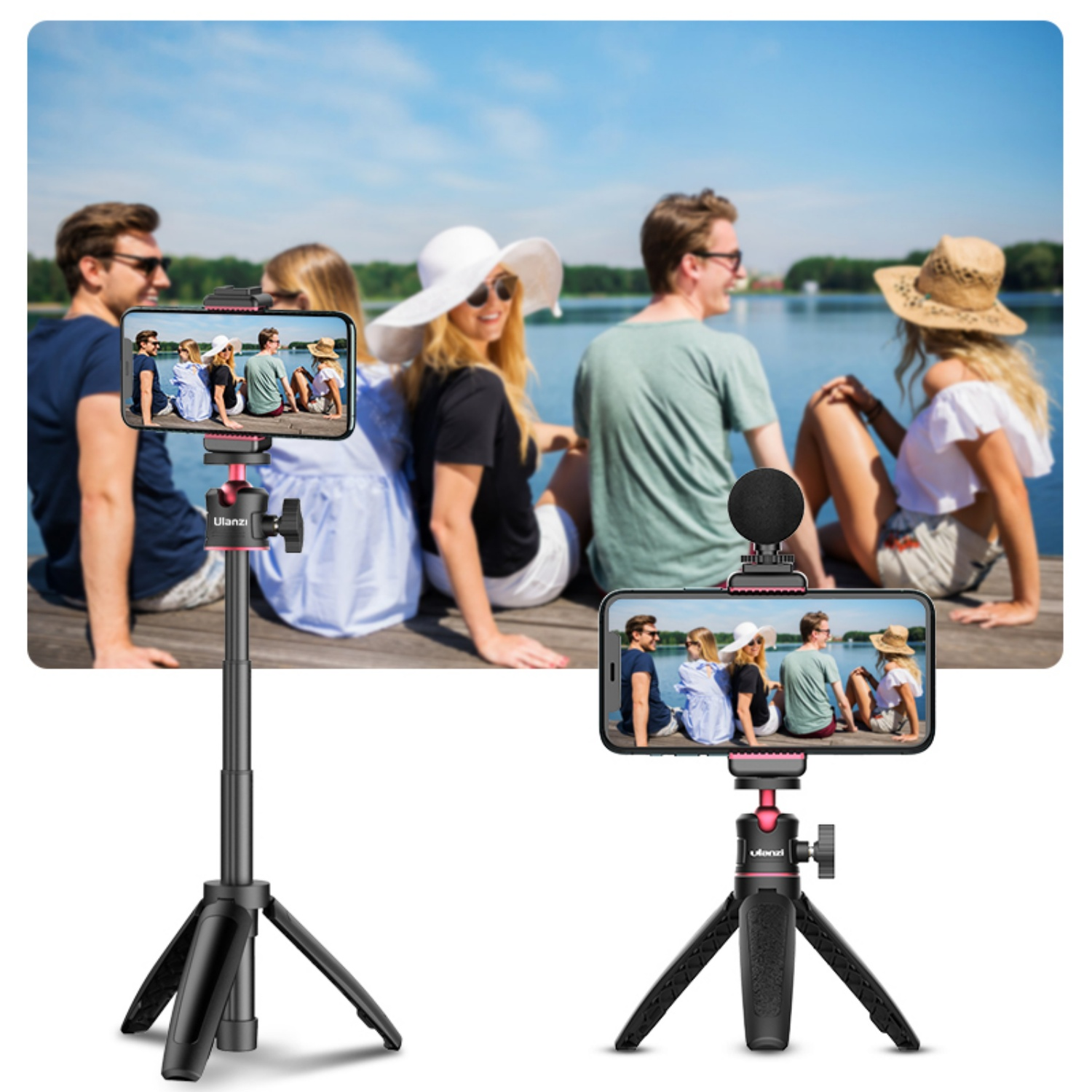 Dwa smartfony na statywach, nagrywające ludzi na pomoście nad jeziorem, słoneczny dzień.