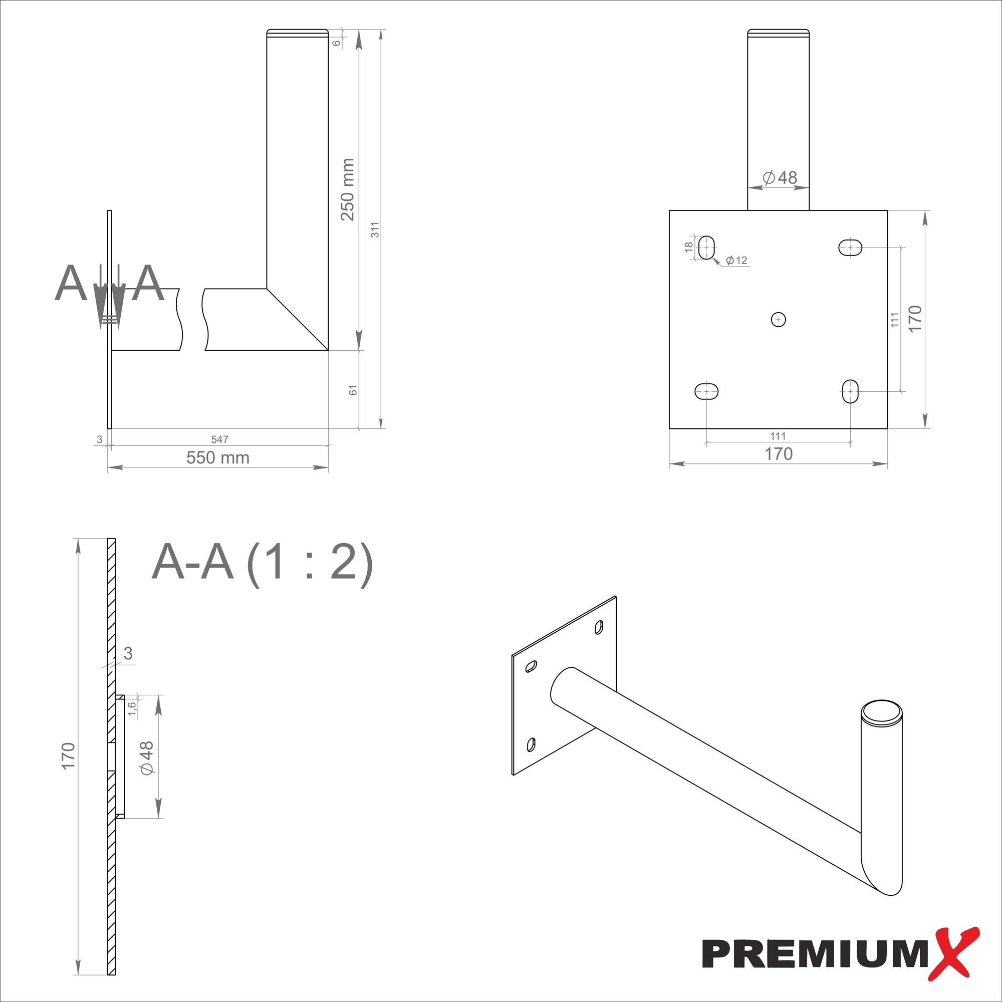 Technische Zeichnung eines Metallpfahls mit Maßen und Seitenansicht mit PremiumX-Logo.