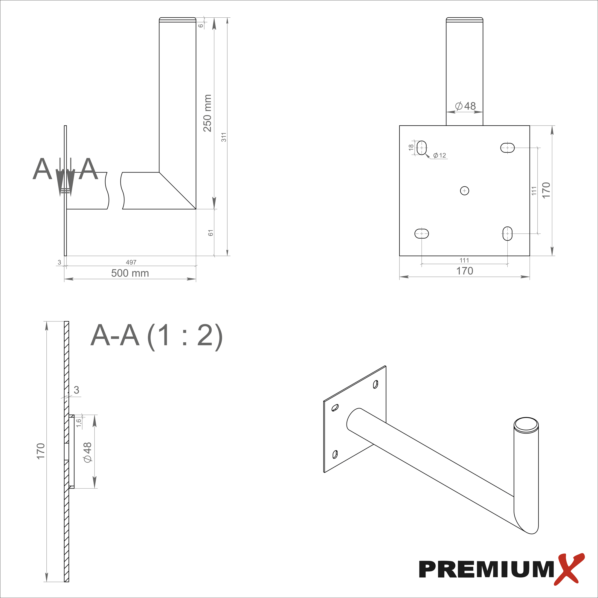Technische Zeichnung mit Abmessungen einer Metall-Montagehalterung.