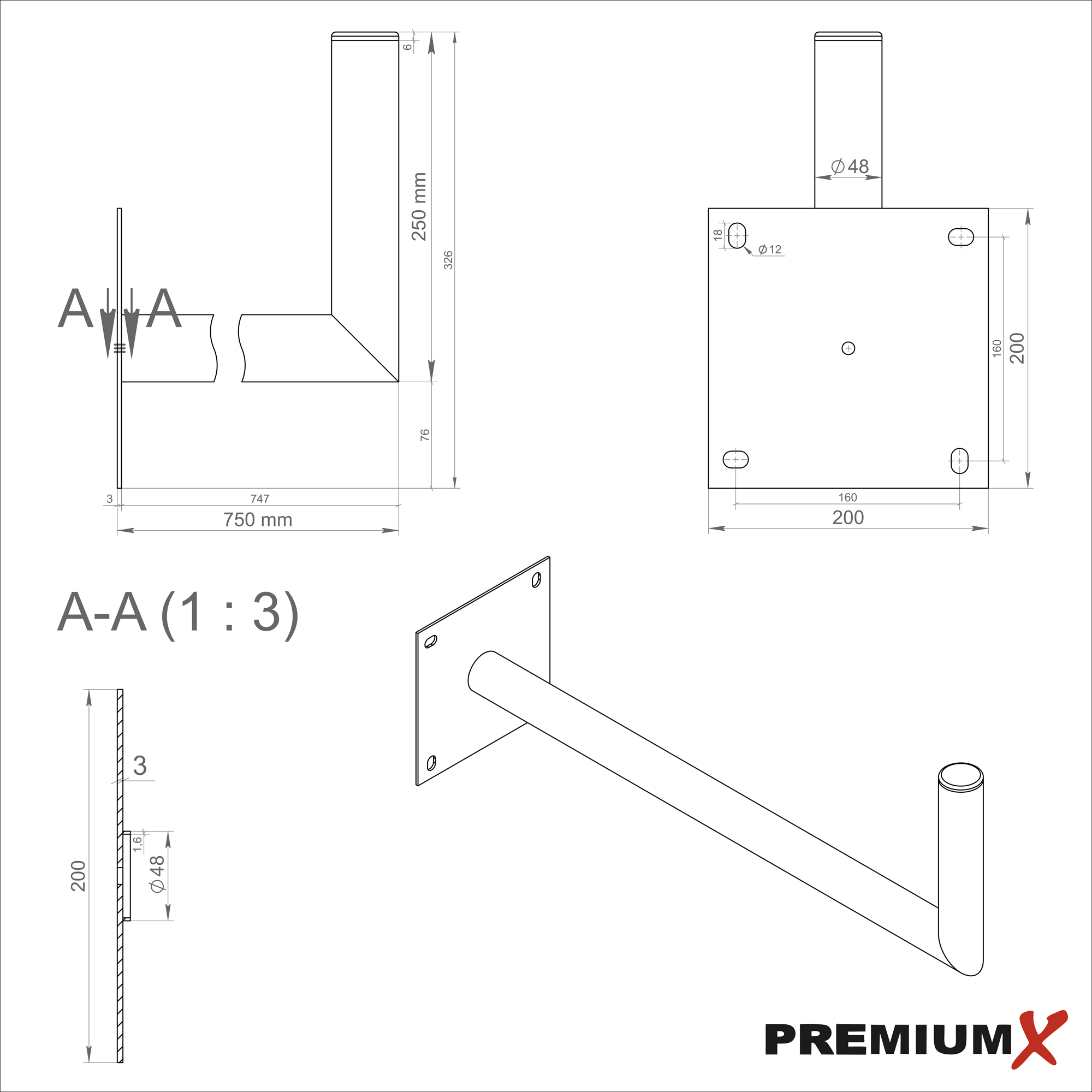 Technische Zeichnungen einer Metallkonstruktion mit Abmessungen. Die Konstruktion ist L-förmig und hat eine Basis.