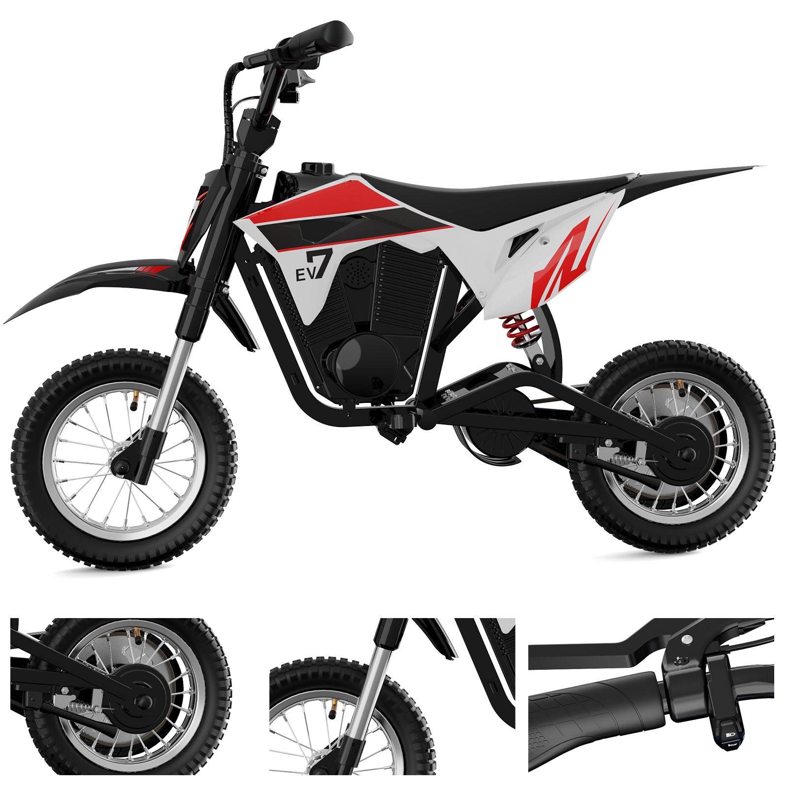 Czarny, czerwony i biały elektryczny motocykl terenowy ze zbliżeniami opon i szczegółów.