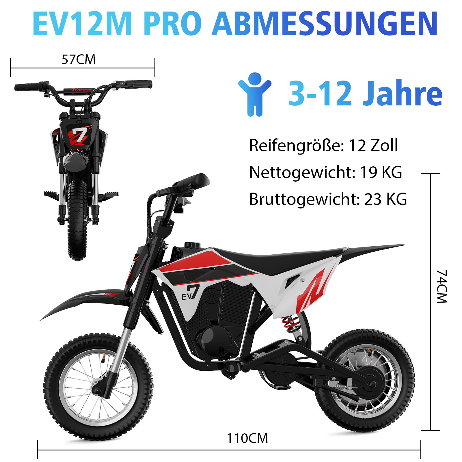 Ein rot-schwarzes elektrisches Motorradspielzeug mit Abmessungen und Altersbereich.