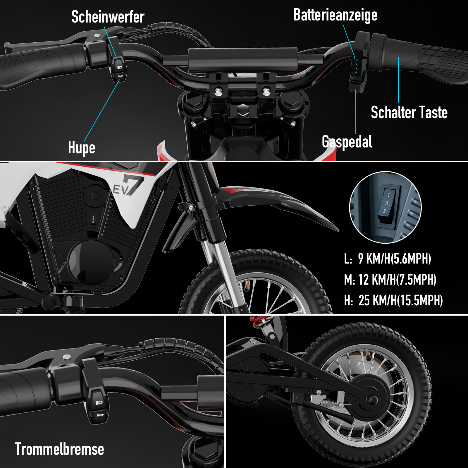 Ein schwarz-weißes Elektromotorrad mit beschrifteten Teilen, darunter Scheinwerfer, Hupe und Bremse.