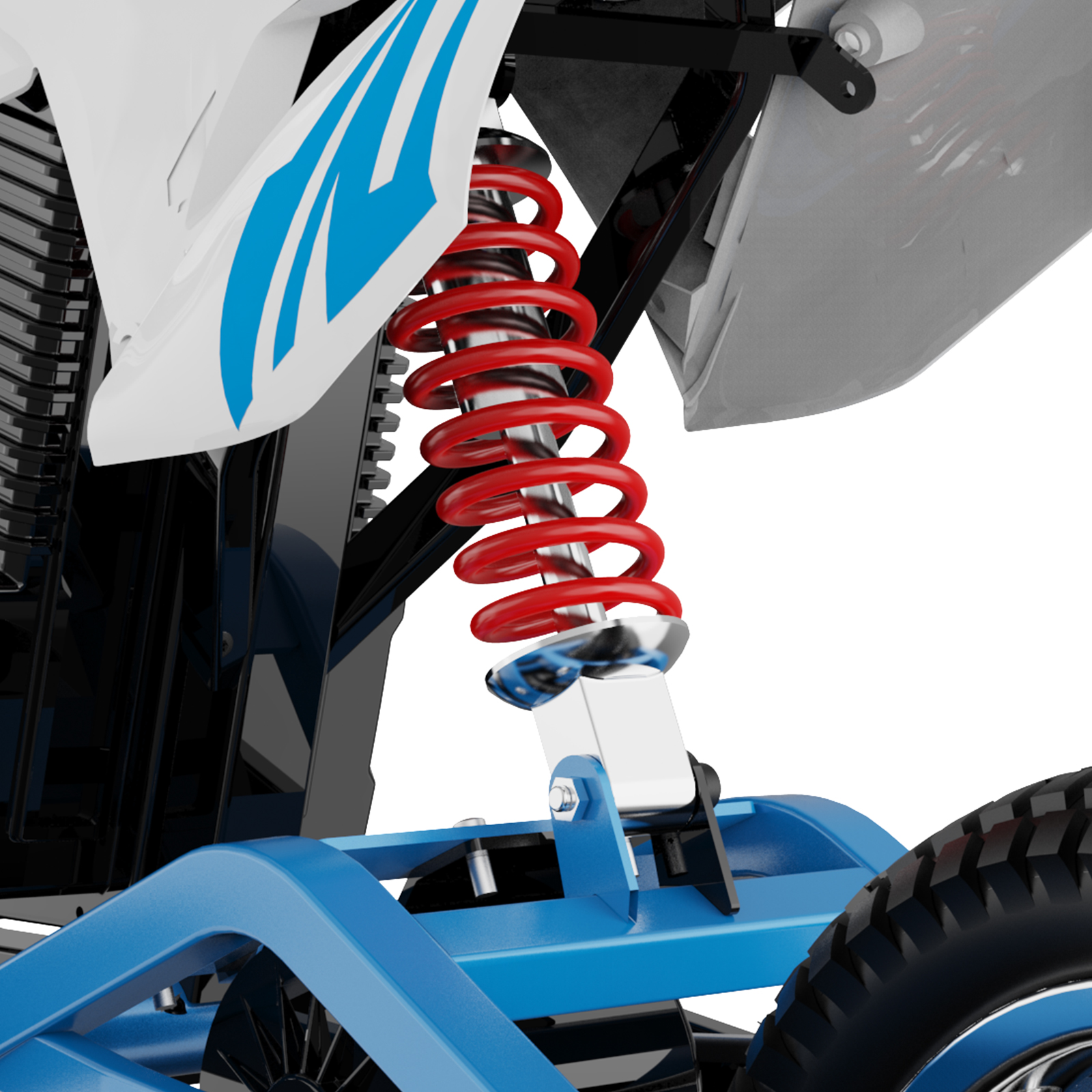 Zbliżenie czerwonej sprężyny śrubowej w dziecięcym quadzie, z białymi i niebieskimi elementami plastikowymi.