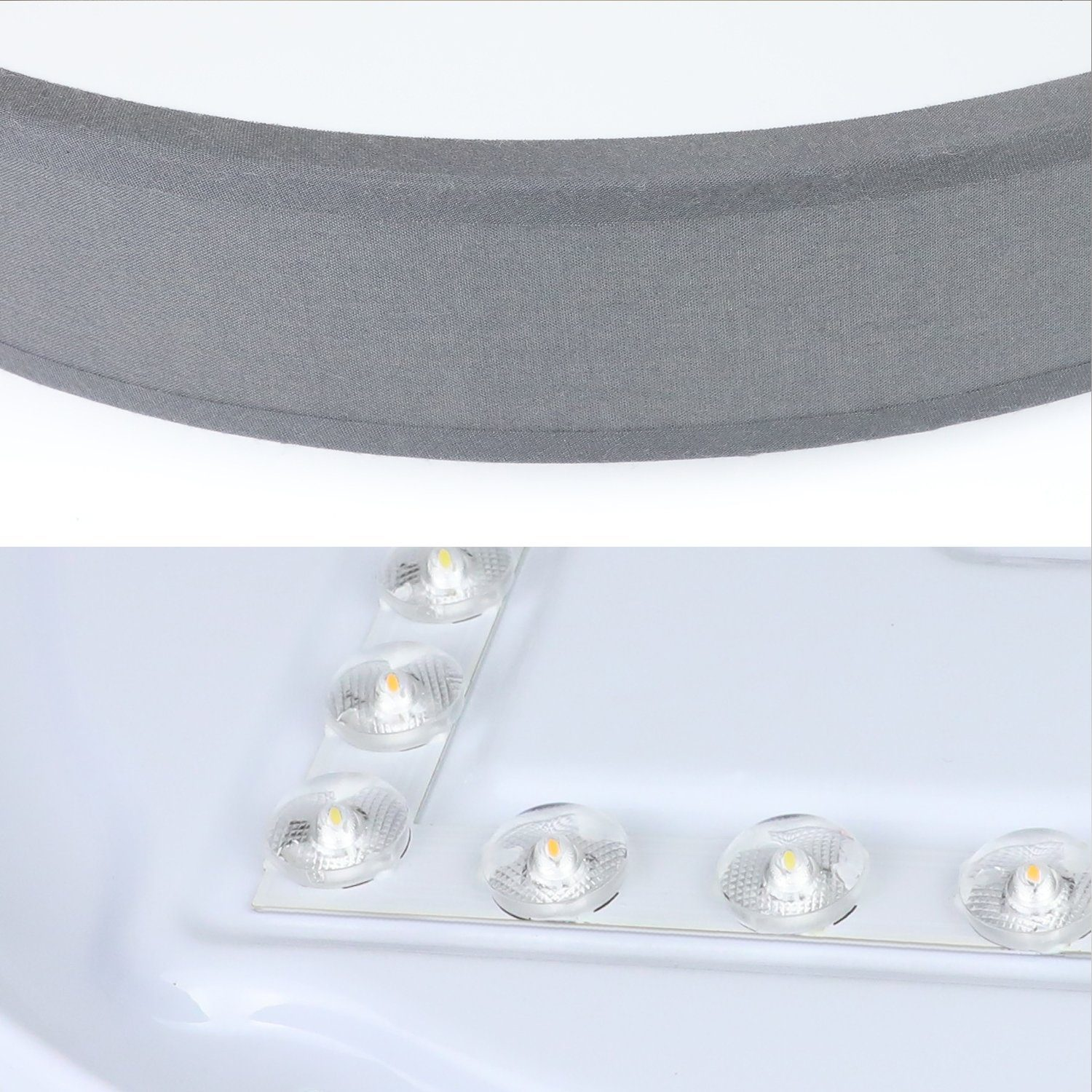 Zbliżenie szarego, zakrzywionego obiektu u góry, z diodami LED na białej powierzchni poniżej.