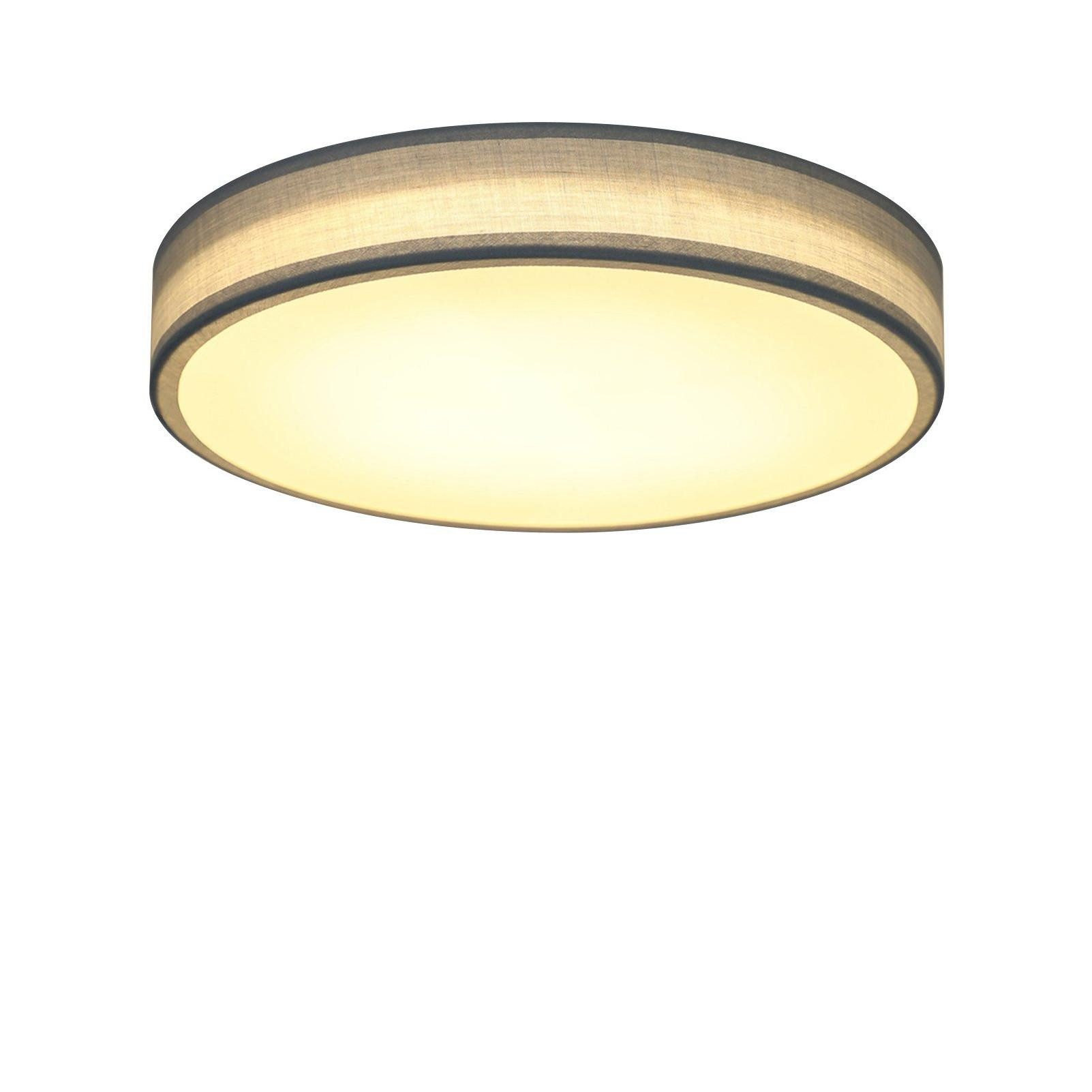 Okrągła lampa sufitowa, z ciemnoszarym obramowaniem i jasnym, podświetlonym wnętrzem.