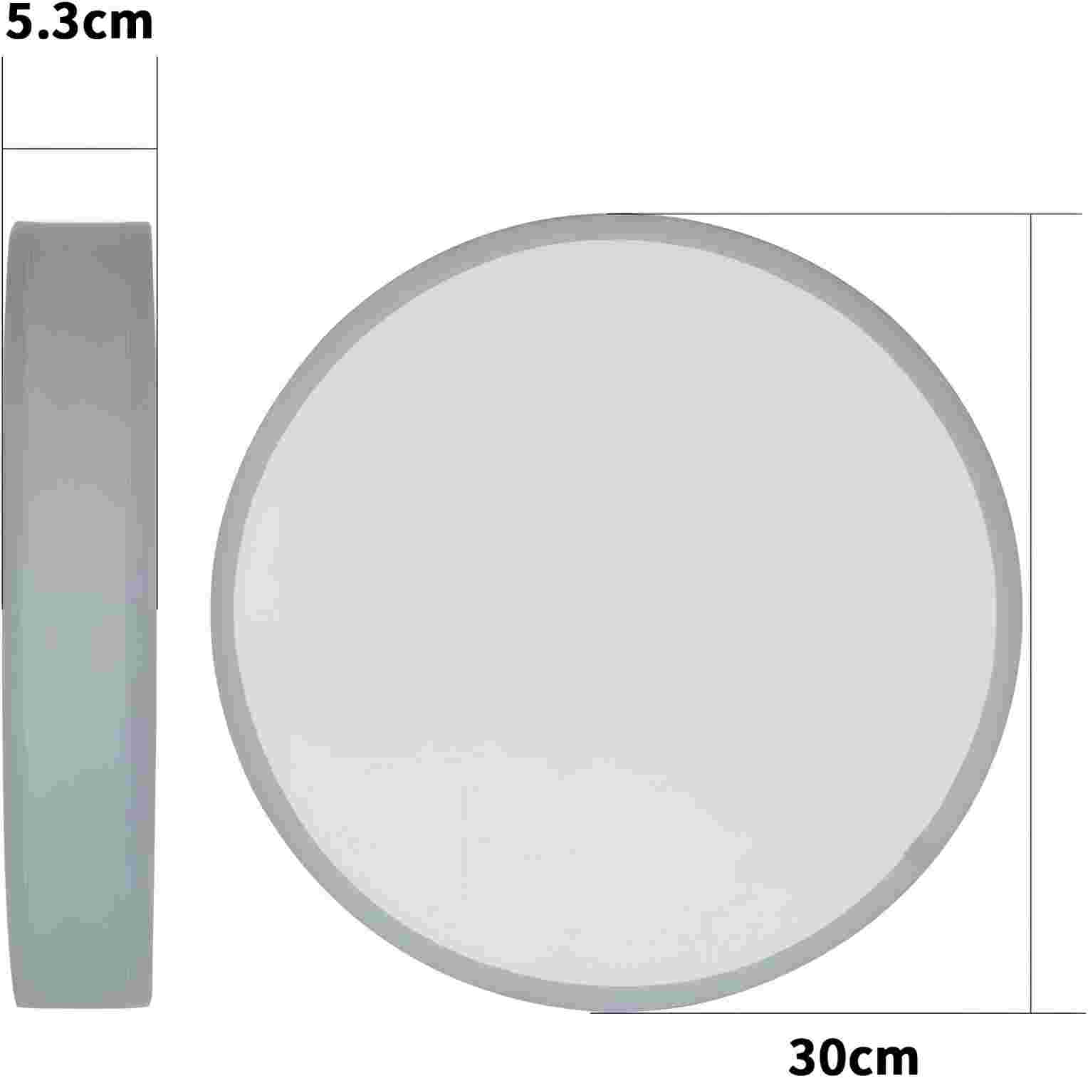 Biały talerz jest wyświetlany z boku i od góry. Pokazane są wymiary: 30 cm i 5,3 cm.