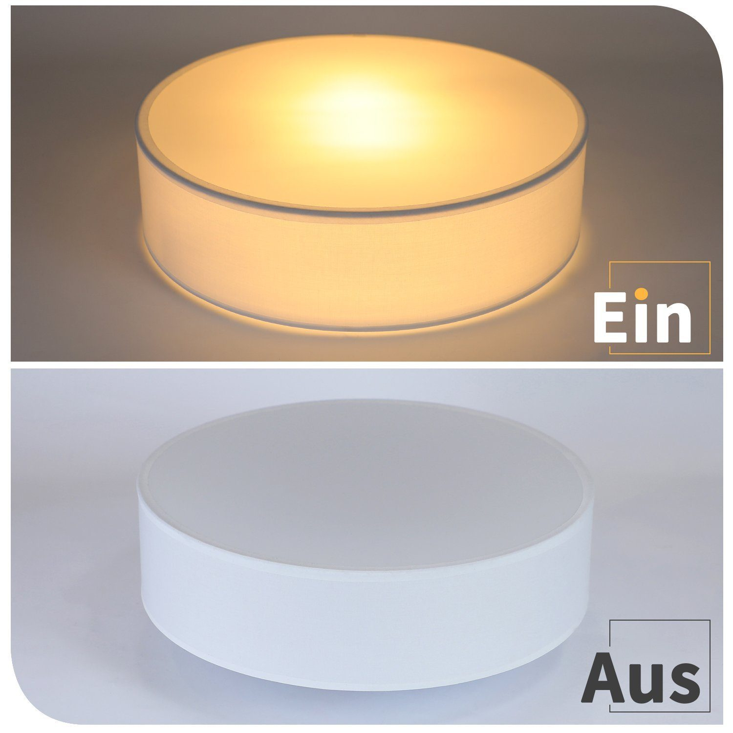 Dwa zdjęcia białej, okrągłej lampy sufitowej, jedno włączone, drugie wyłączone, z etykietami zasilania.