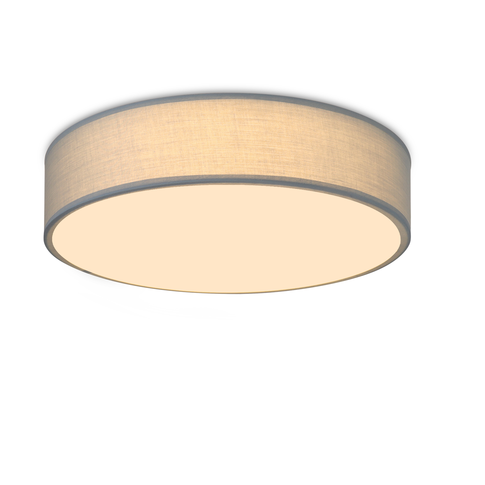 Okrągła oprawa sufitowa z szarą obwódką i jasnobeżowym kloszem.