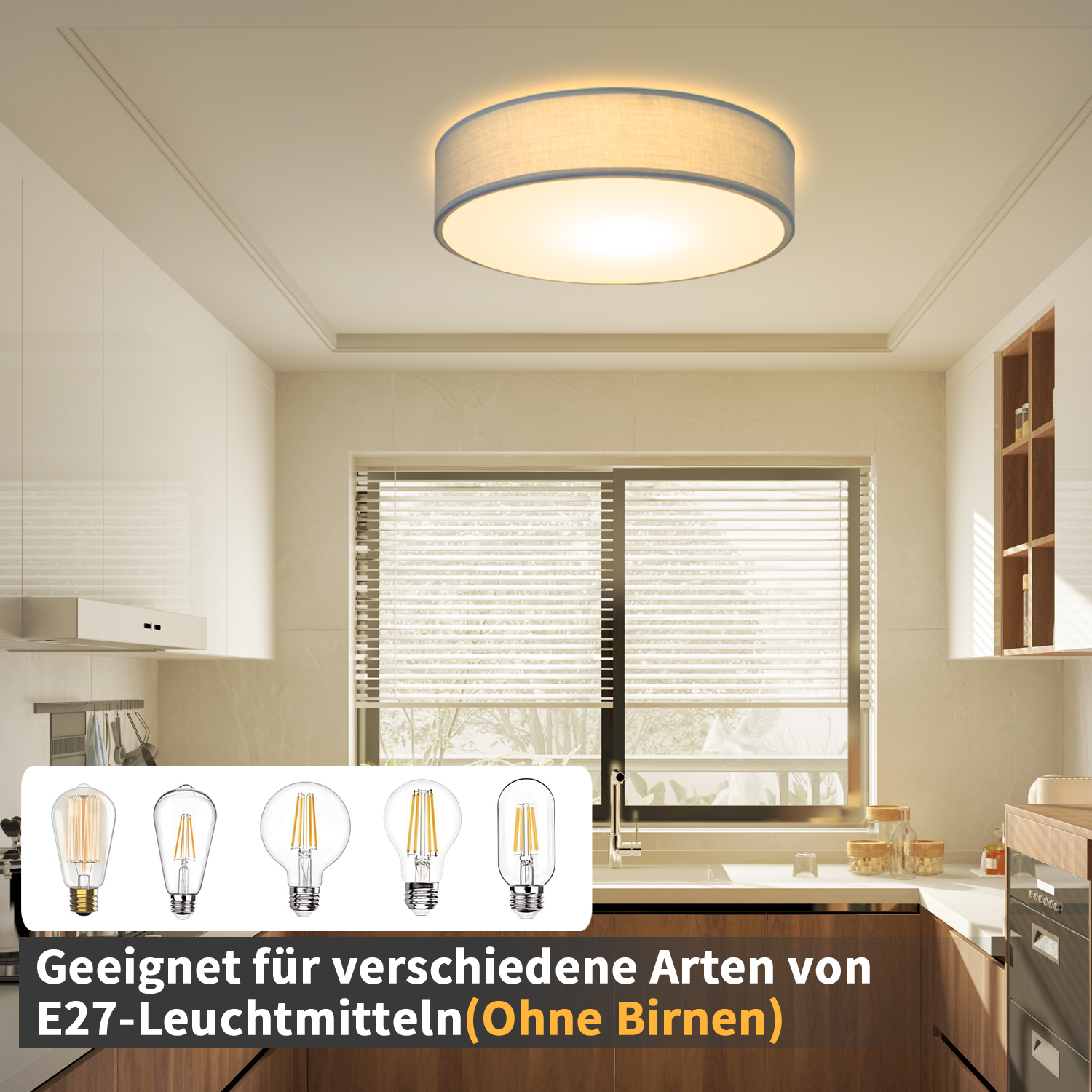 Okrągła lampa sufitowa w kuchni z opcjami żarówek.