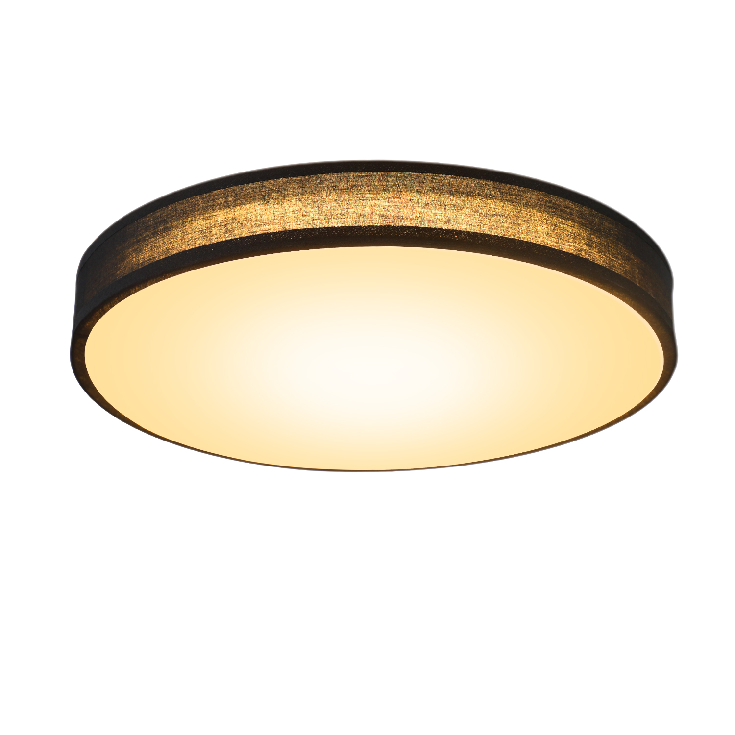 Okrągła czarna lampa sufitowa. Białe tło.