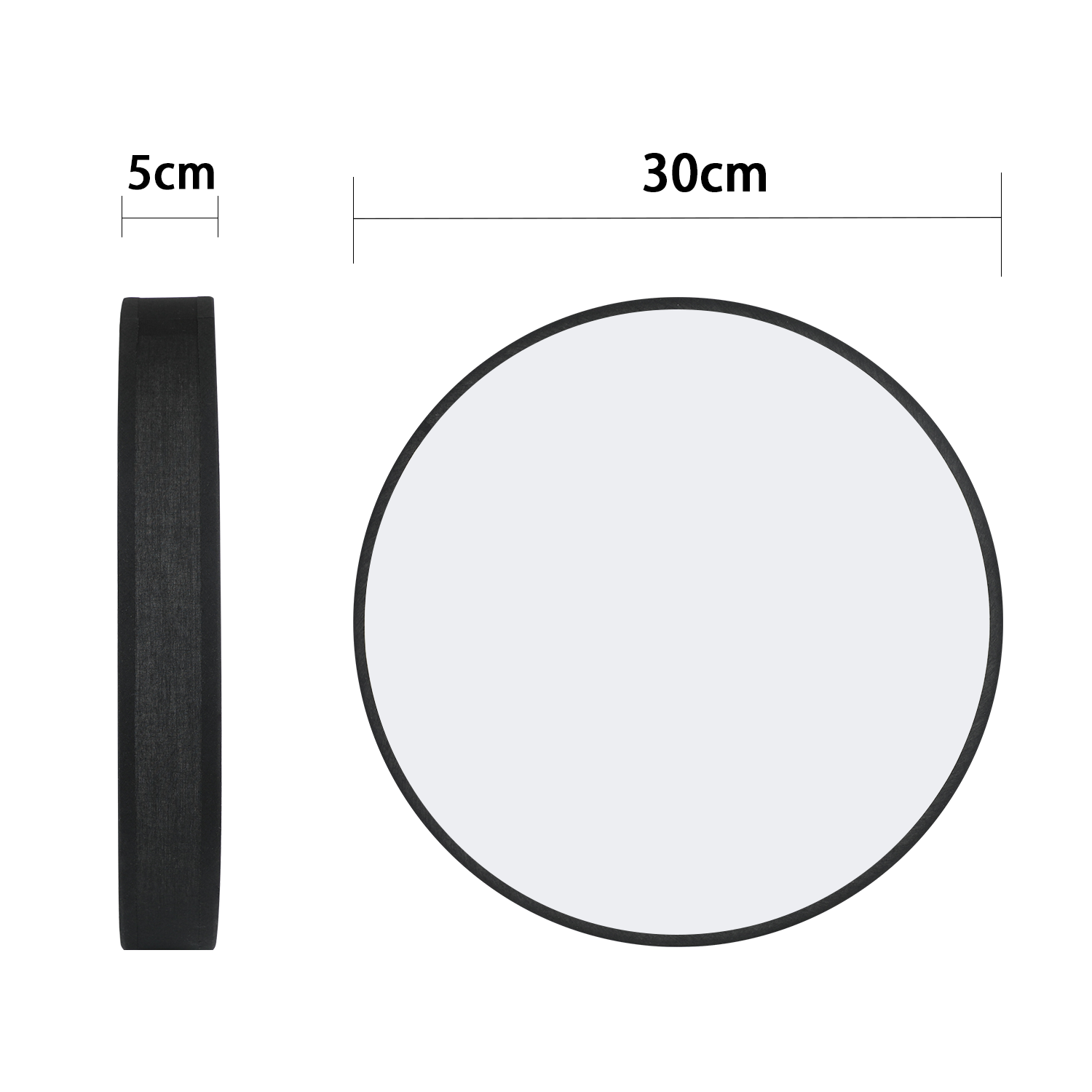 Okrągłe lustro z czarną ramą, widok z boku pokazuje grubość ramy. Wymiary to 30cm i 5cm.