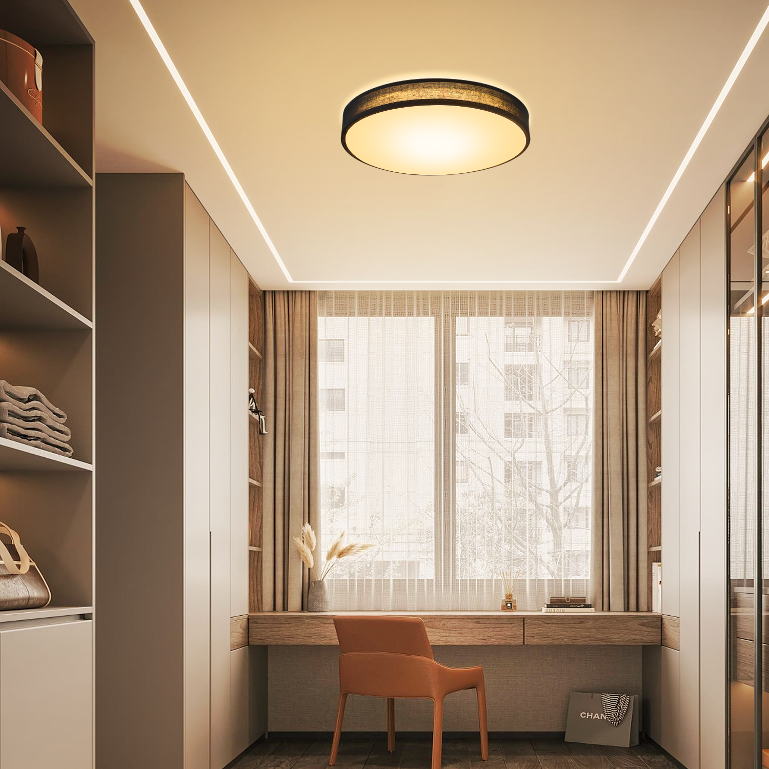 Nowoczesne wnętrze sypialni z lampą sufitową, biurkiem i wbudowaną szafą, ciepłe oświetlenie.