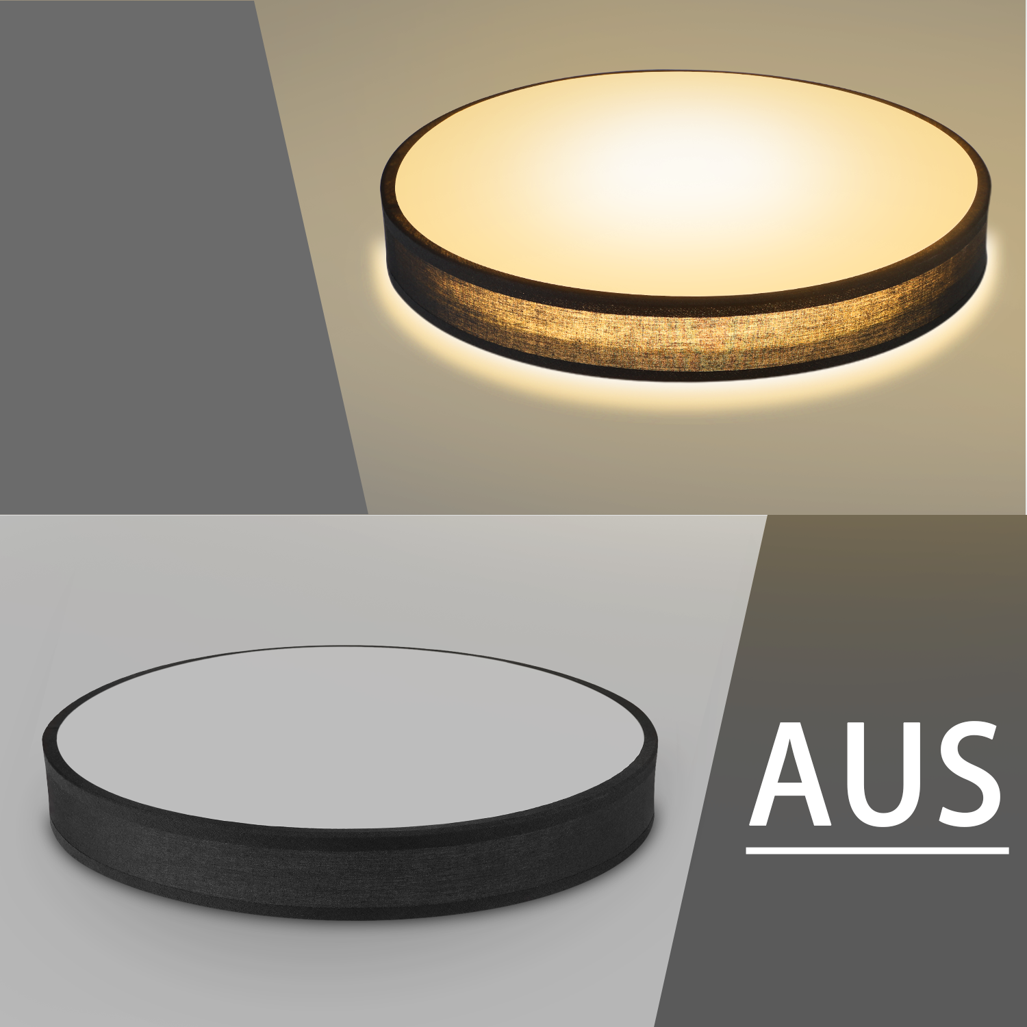 Obraz dwuczęściowy: zapalona okrągła lampa LED i widok z boku z tekstem AUS.